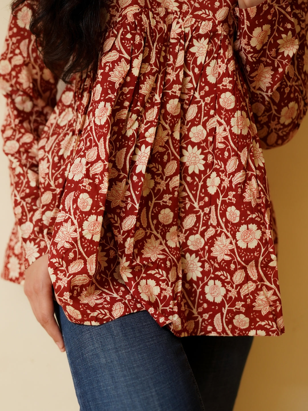 Maroon Printed Full Sleeves Alia Cut Cotton Top