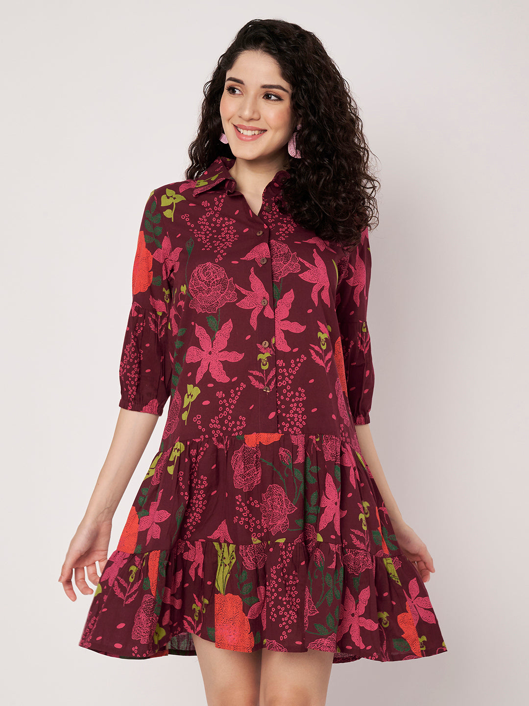 Maroon Printed Short Cotton Dress
