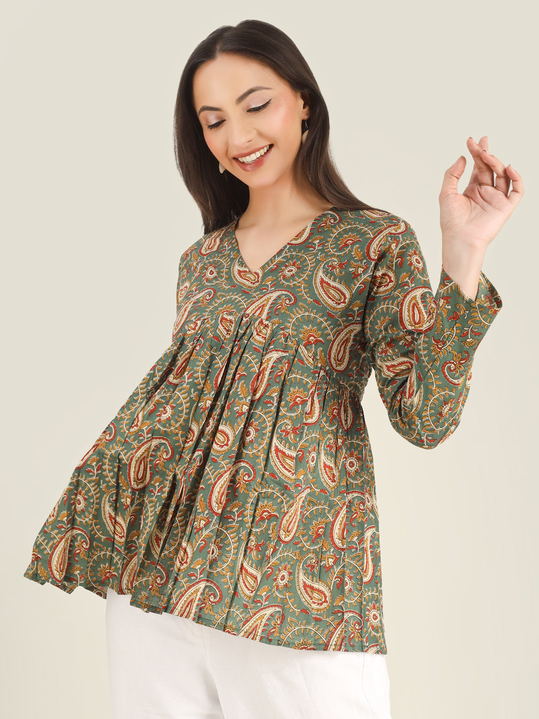 Green Printed Full-Sleeves Alia-Cut Cotton Top