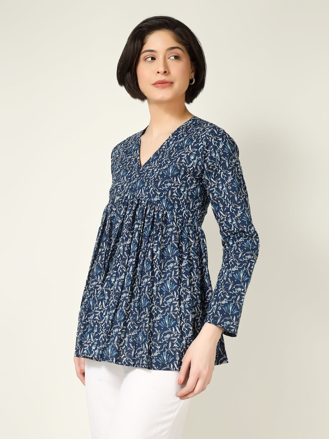 Blue Printed Full-Sleeve Alia-Cut Cotton Top