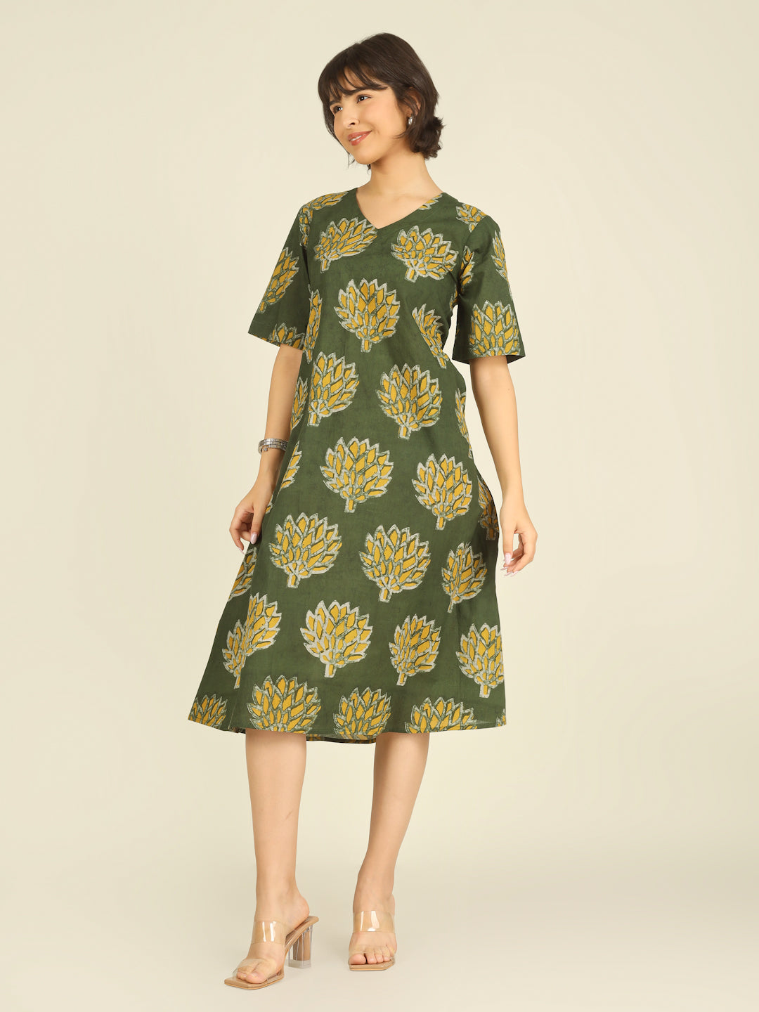 Green Printed Half-Sleeve A-Line Cotton Dress