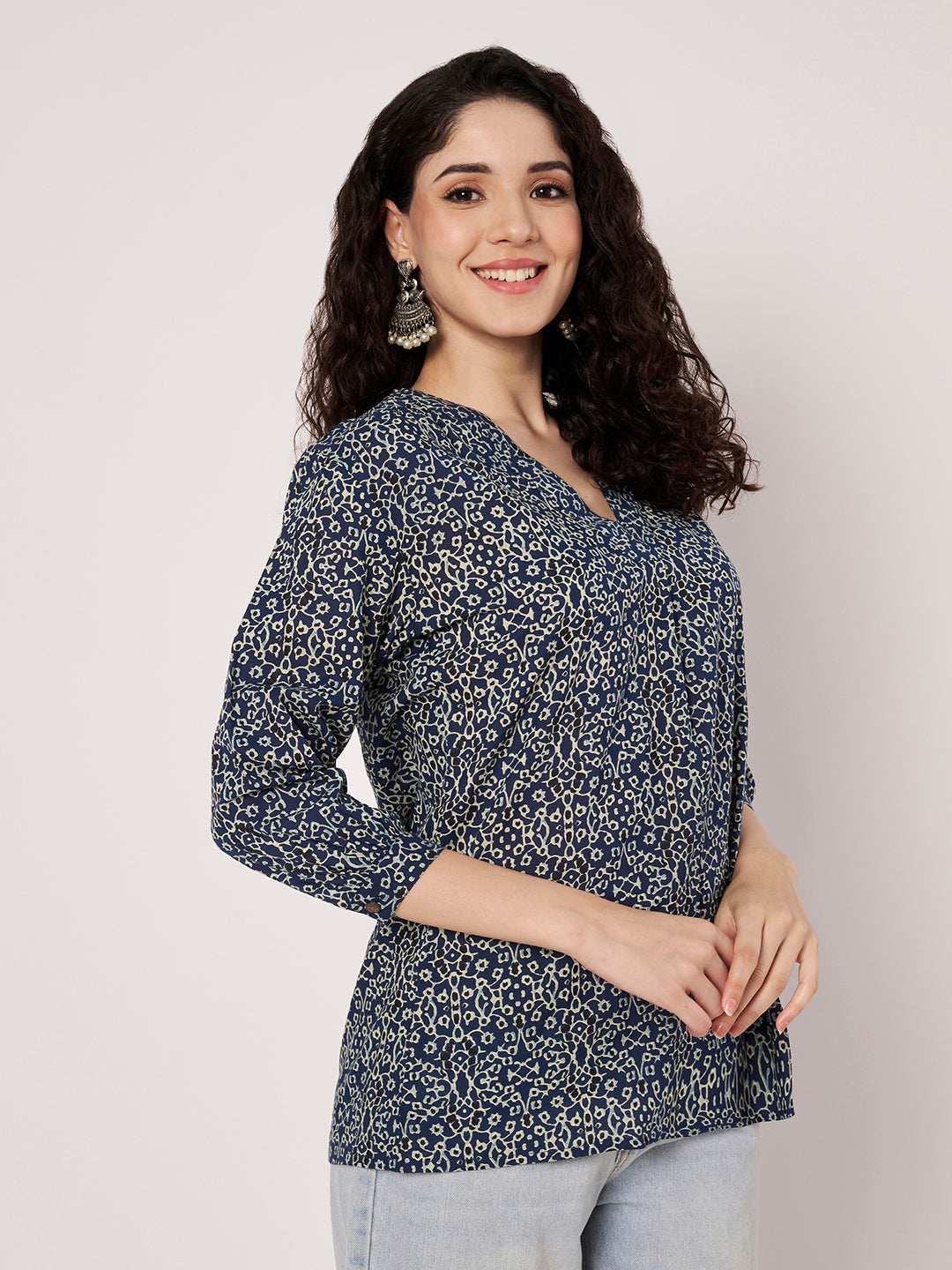 Blue Printed V-Neck Cotton Top