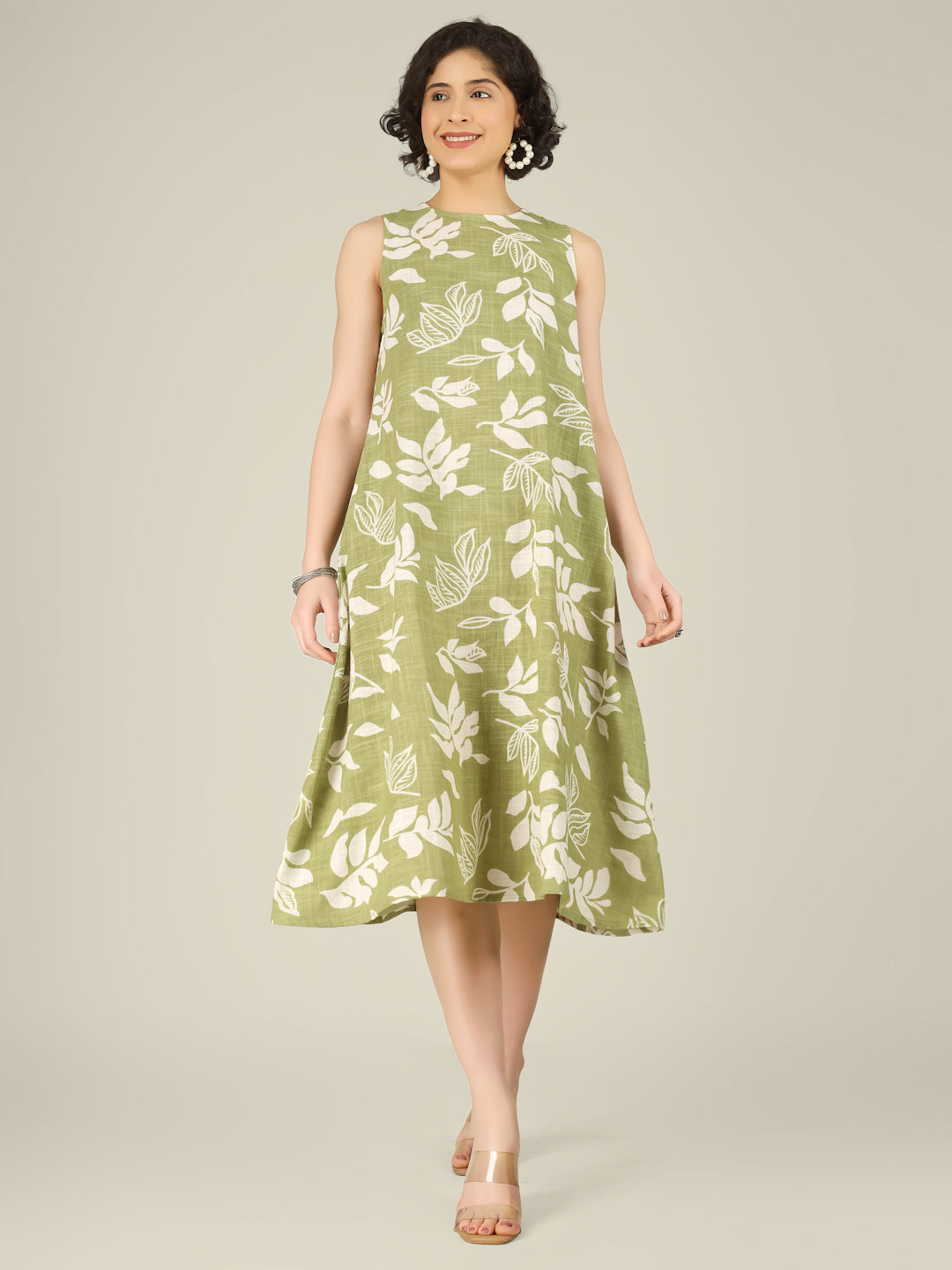 Sage Green Printed Sleeveless A-Line Cotton Dress