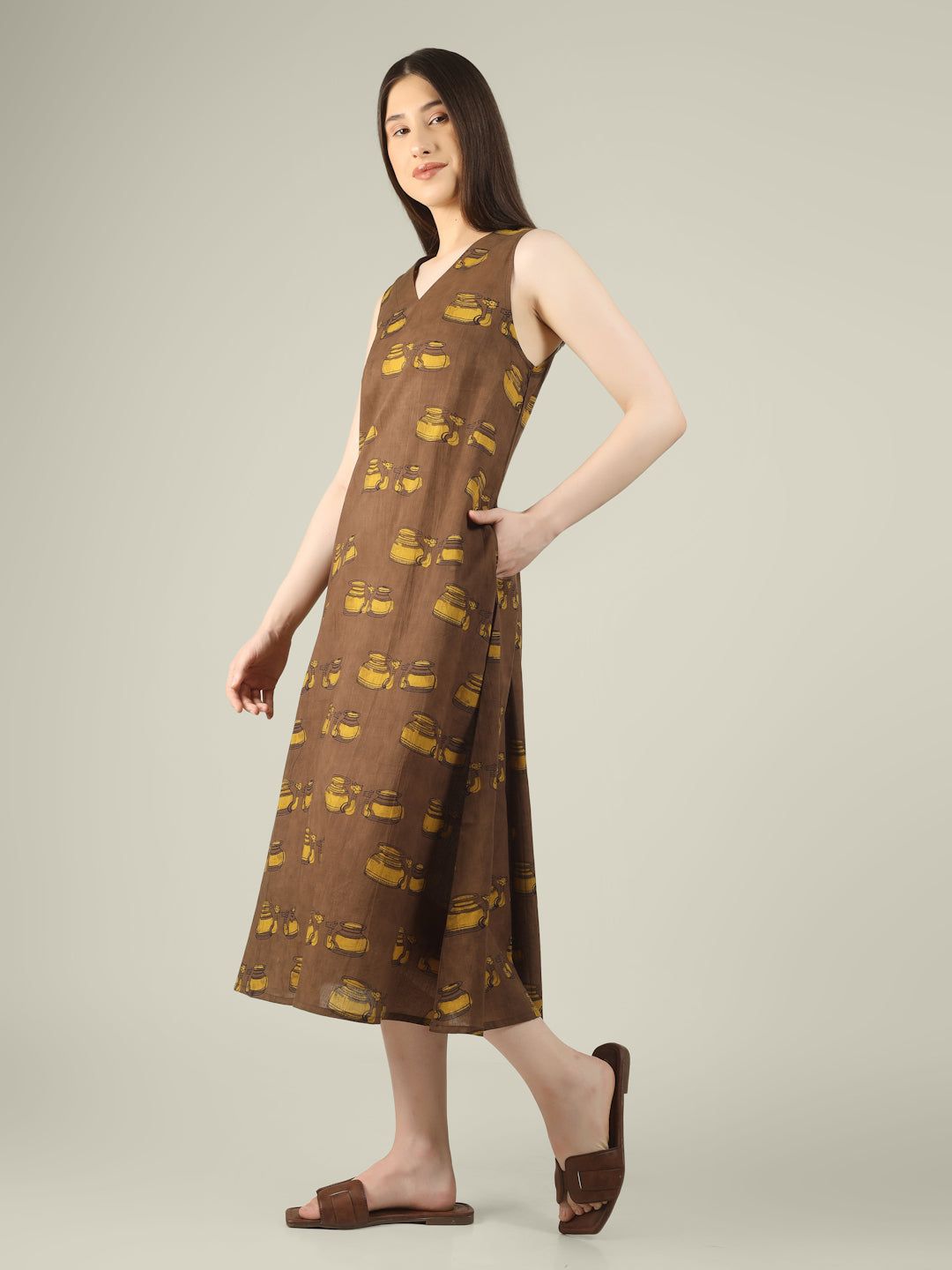Brown Printed V-Neck Sleeveless A-Line Cotton Dress
