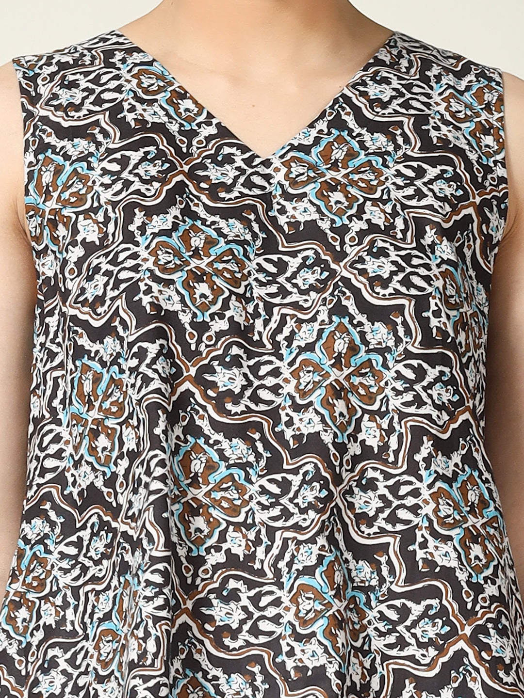 Black Printed Sleeveless V-Neck A-Line Cotton Dress