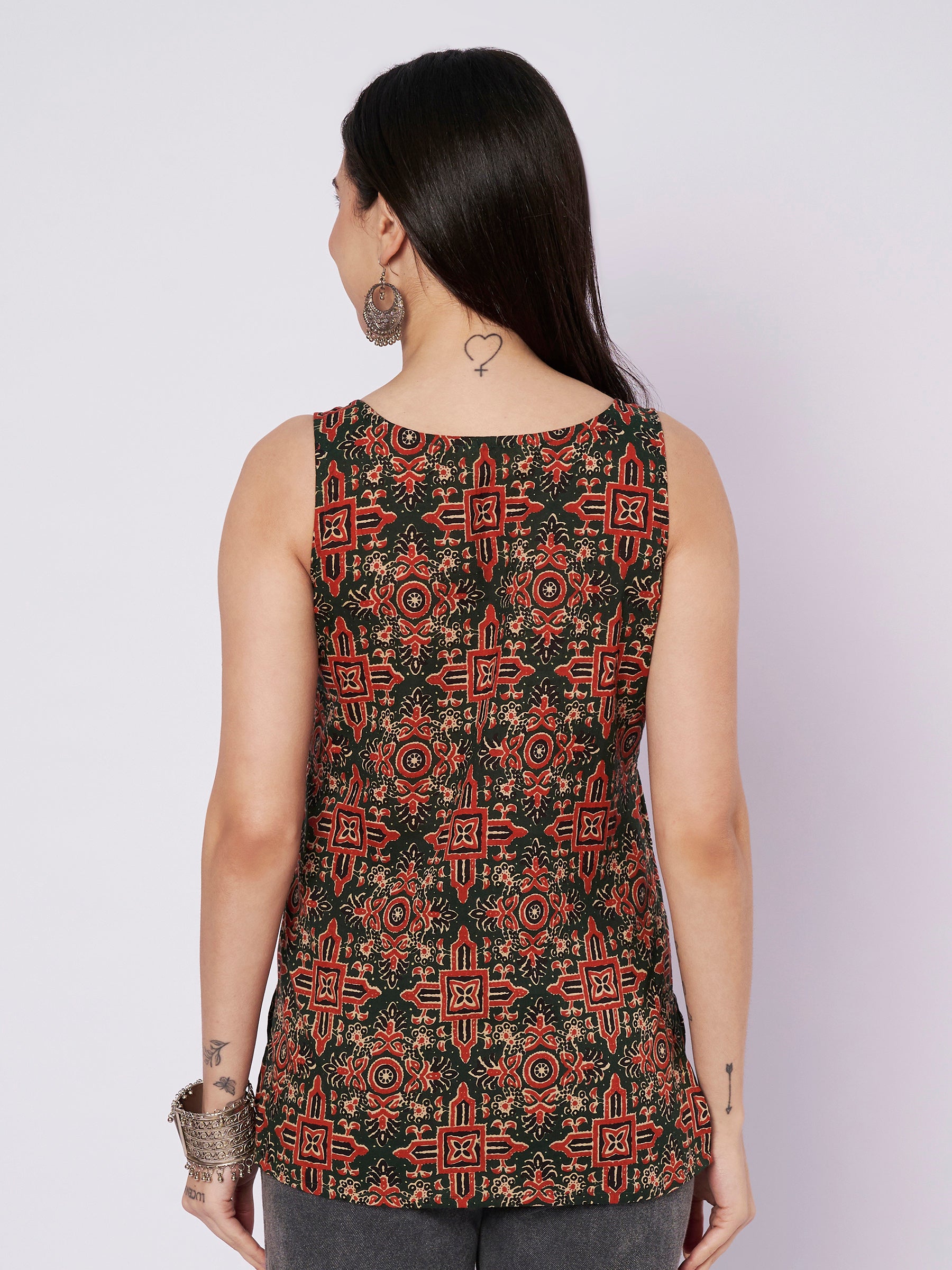 Dark Green Printed Sleeveless Cotton Top