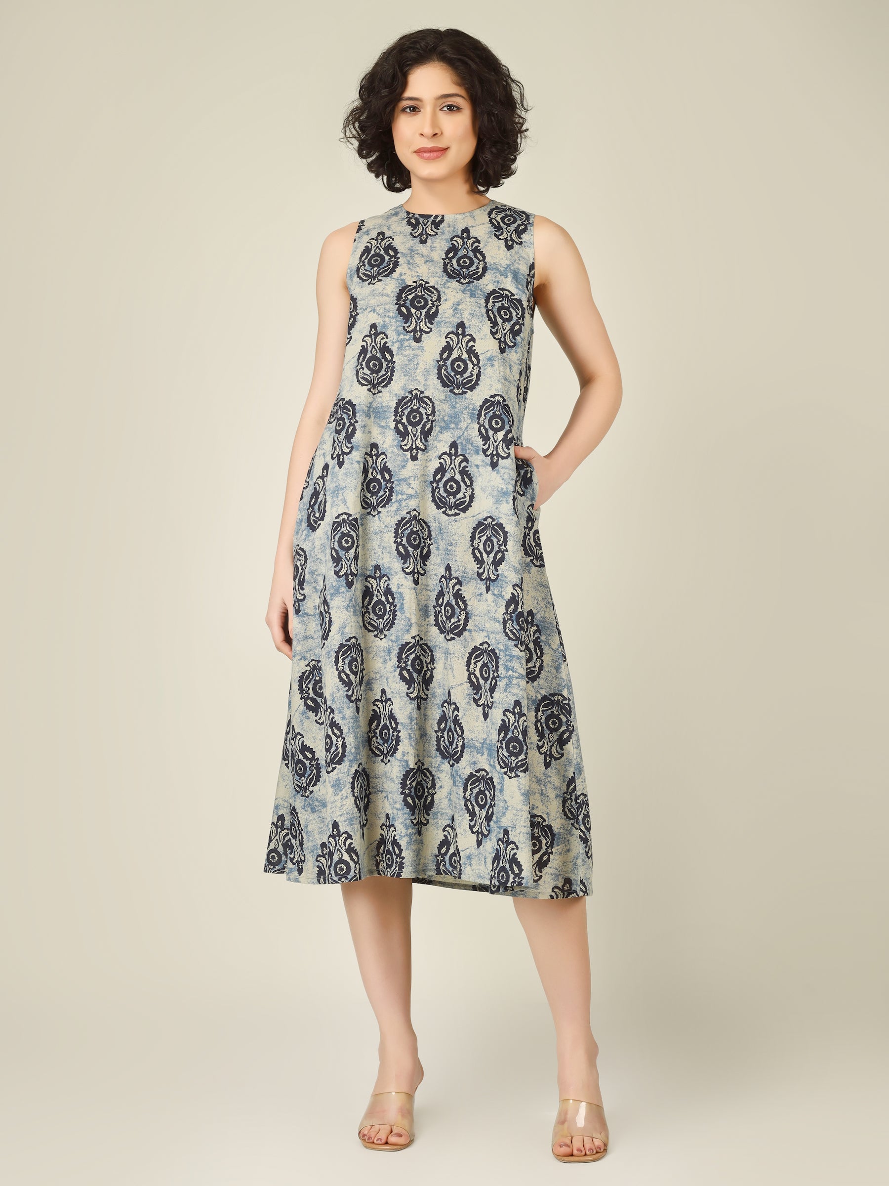 Off-Blue Printed Sleeveless A-Line Cotton Dress