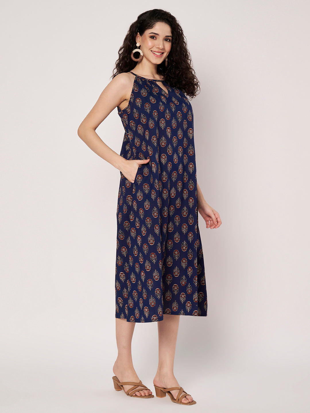 Navy Blue Printed Sleeveless A-Line Cotton Dress