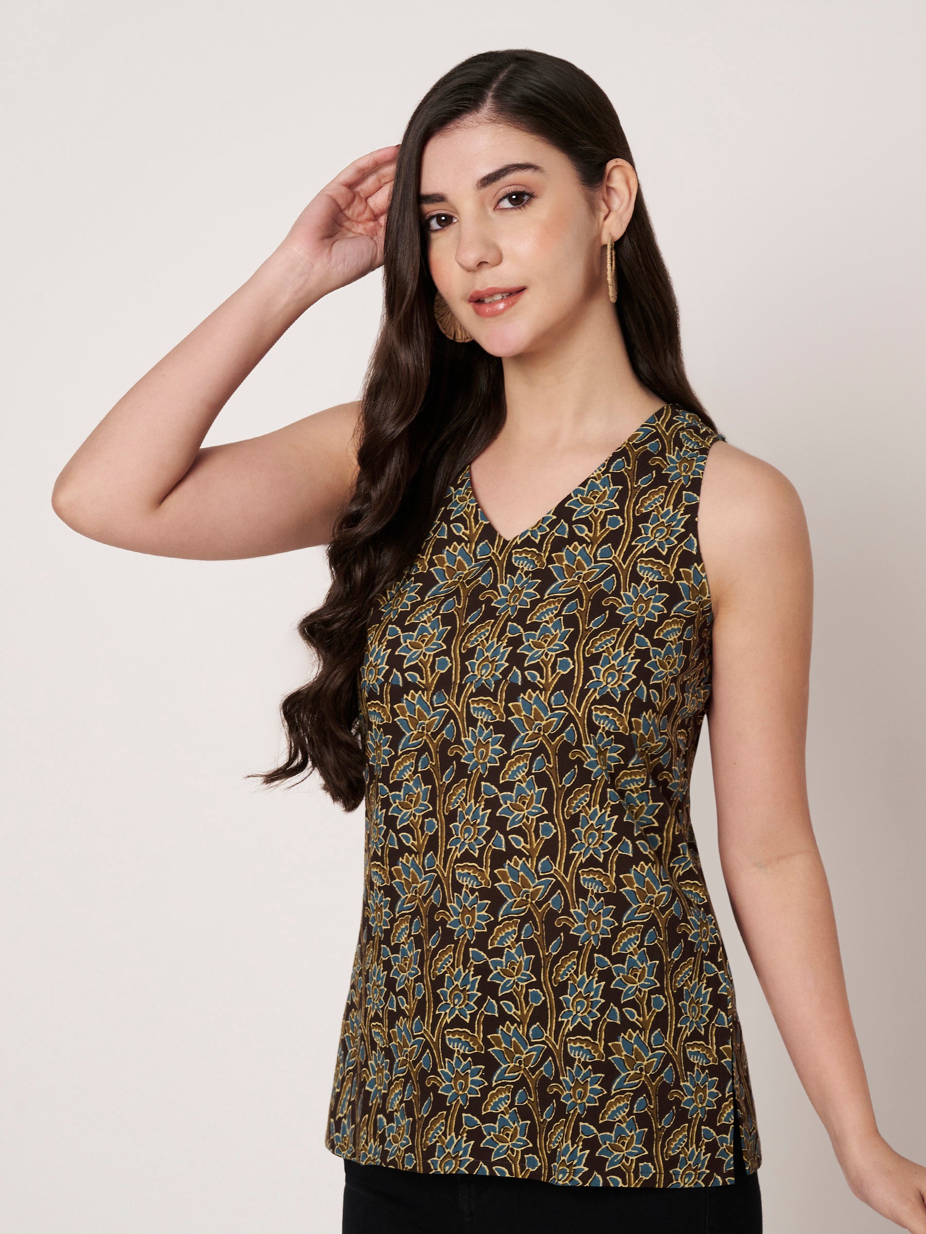 Brown Printed Sleeveless V-Neck Cotton Top