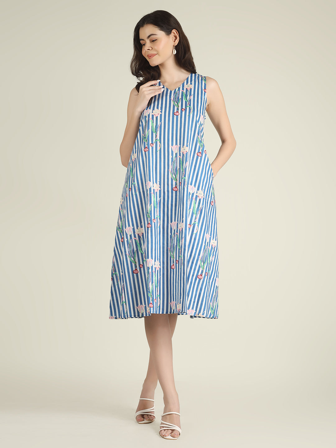 Sky Blue Striped Sleeveless V-Neck A-Line Cotton Dress