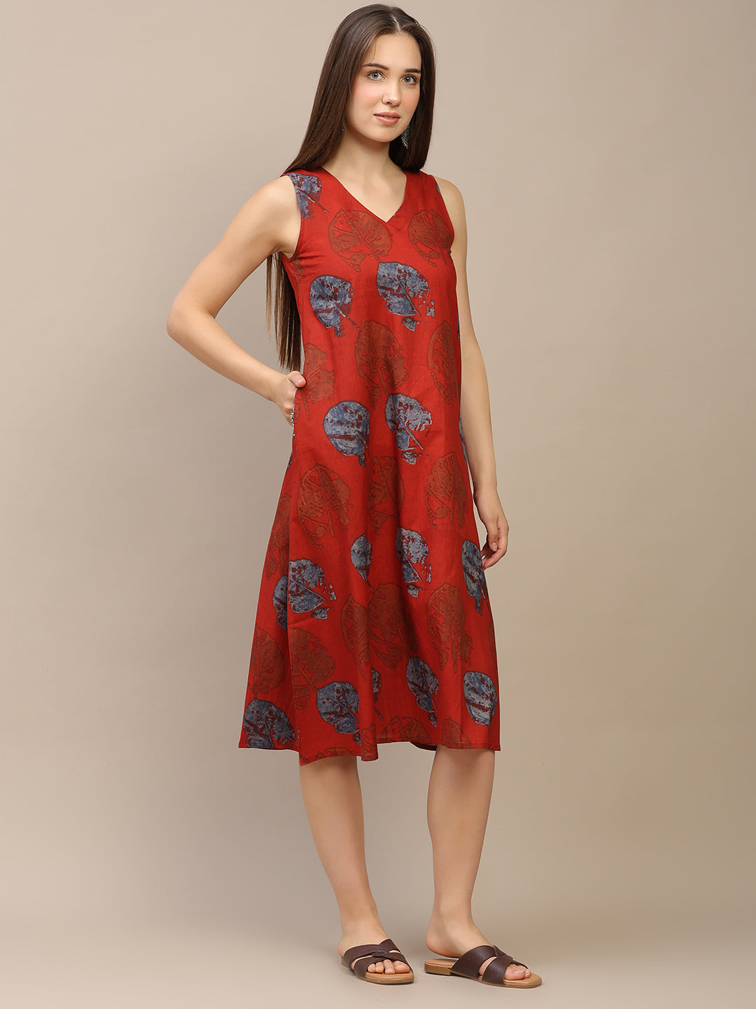 Red Printed V-Neck Sleeveless A-Line Cotton Dress