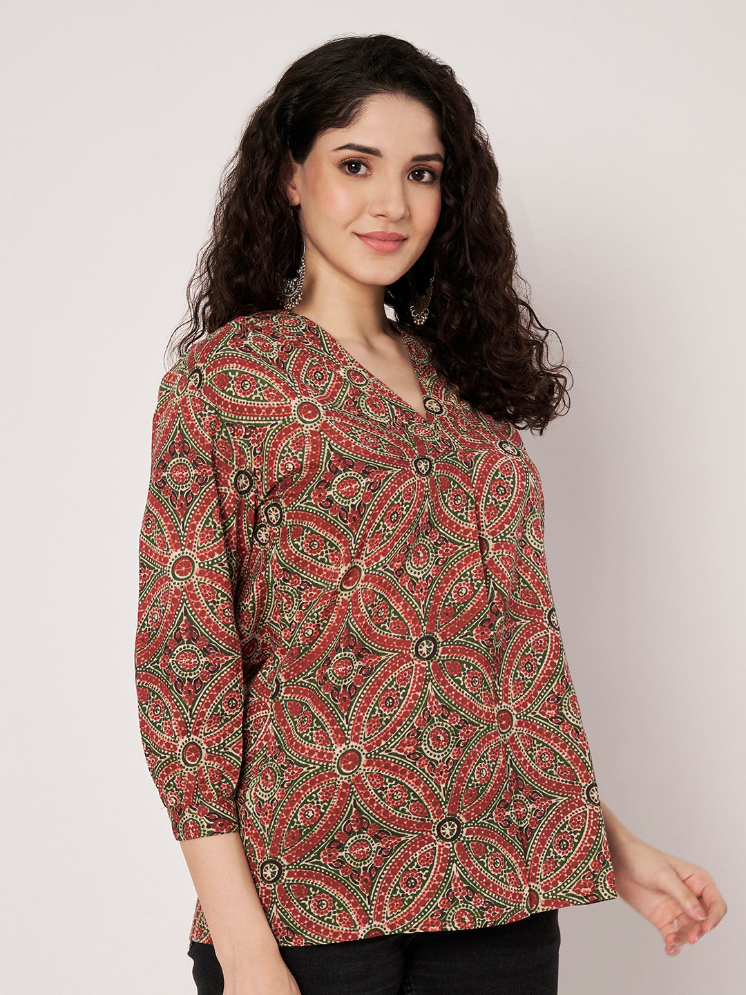 Maroon Printed V-Neck Cotton Top