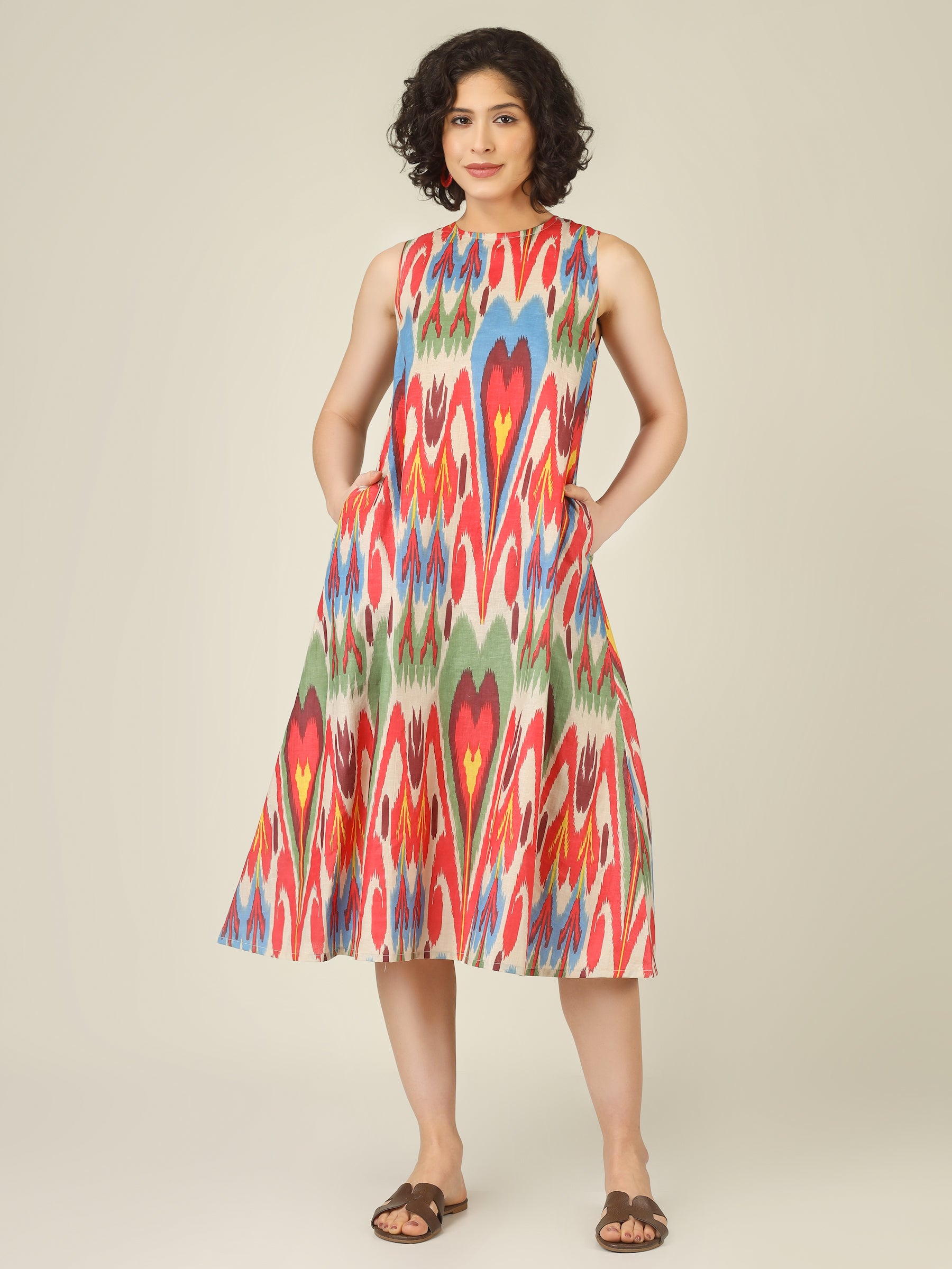 Off-White Ikkat Print Sleeveless A-Line Cotton Dress