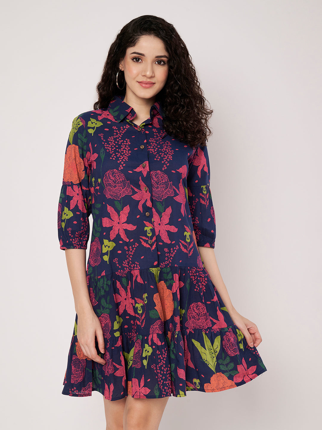 Blue Printed Short Cotton Dress