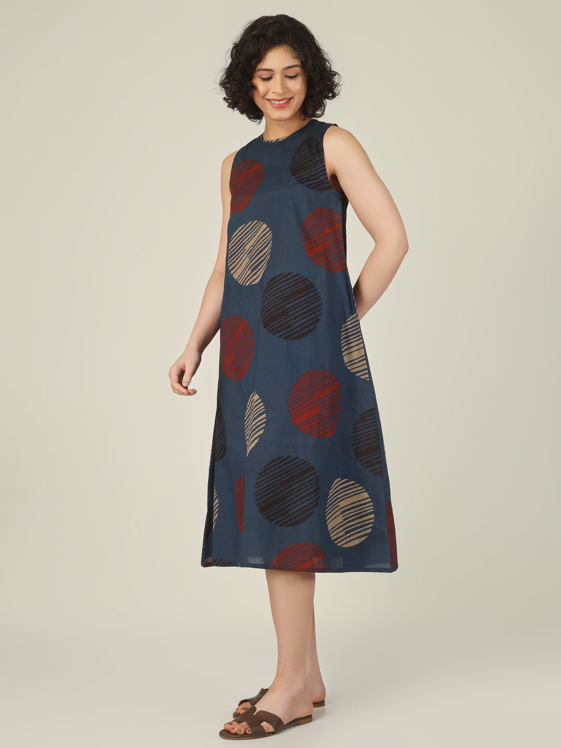 Blue Printed Sleeveless A-Line Cotton Dress