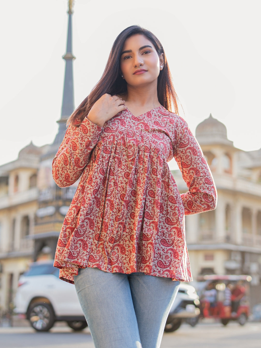 Maroon Printed Full Sleeves Alia Cut Cotton Top