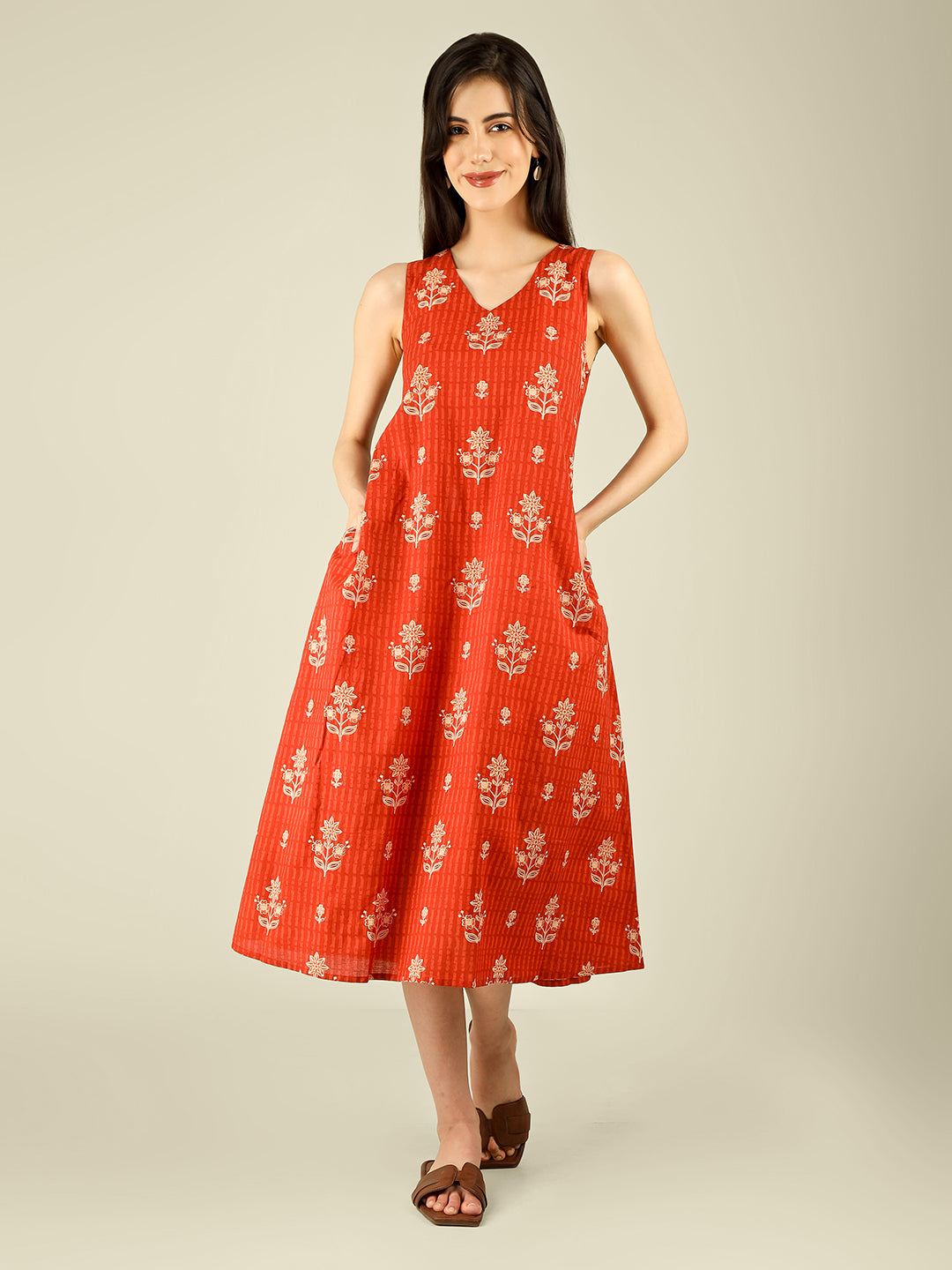 Orange Printed V-Neck Sleeveless A-Line Cotton Dress