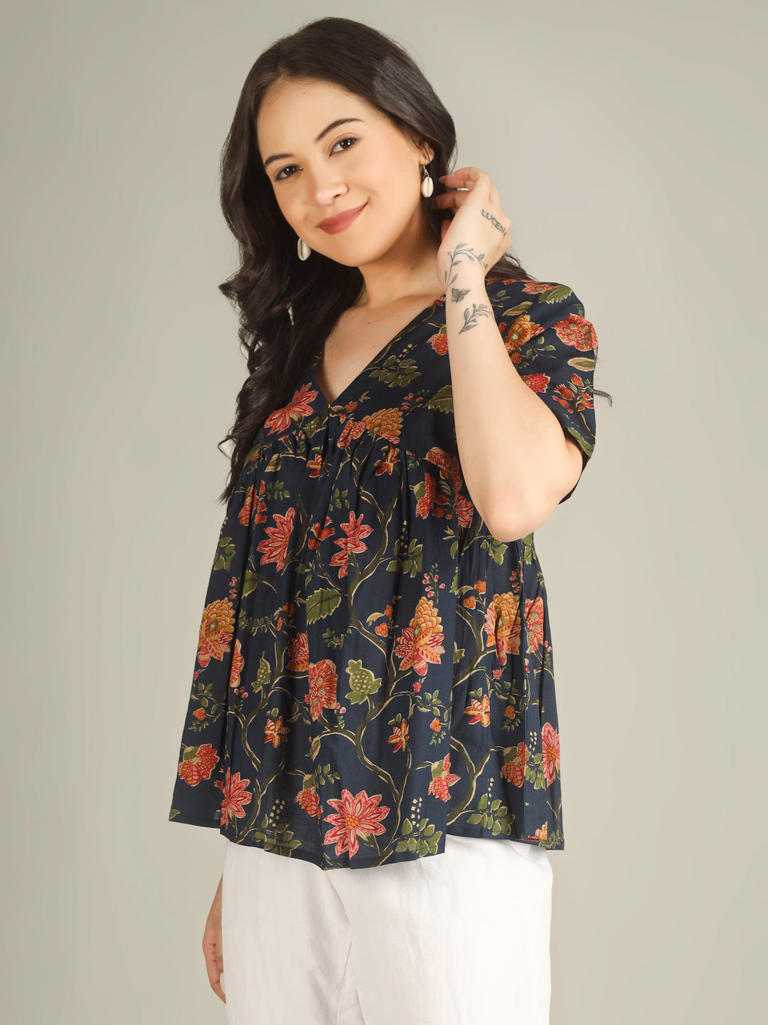Navy Blue Printed Half-Sleeve Alia-Cut Cotton Top