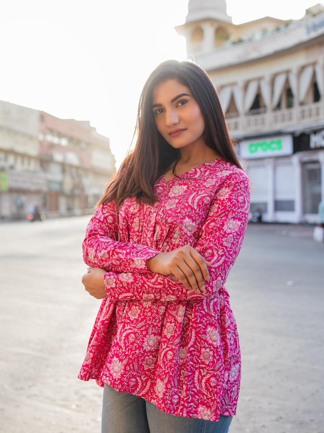 Pink Printed Full Sleeves Alia Cut Cotton Top