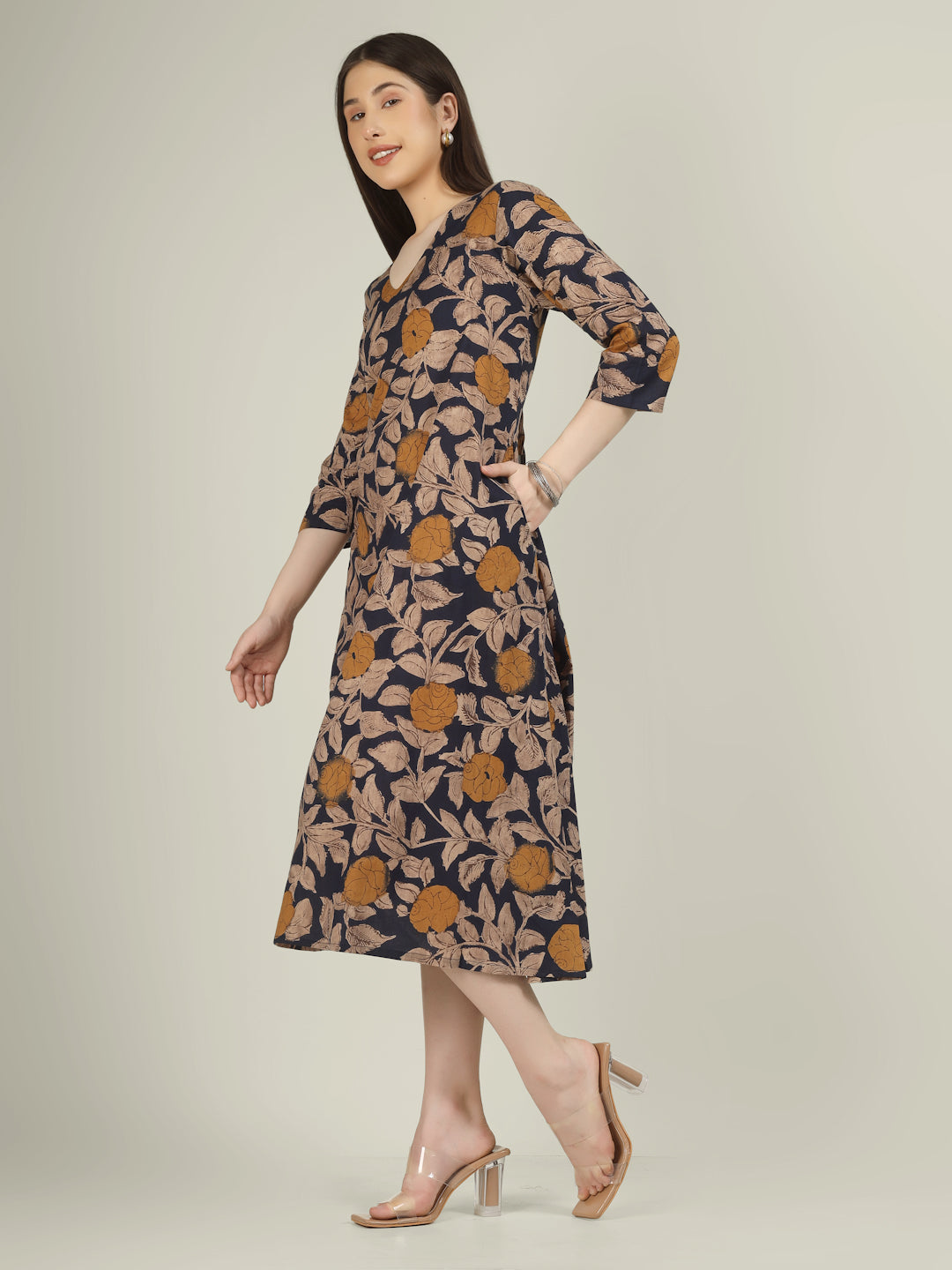 Blue Printed 3/4th Sleeve A-Line Cotton Dress