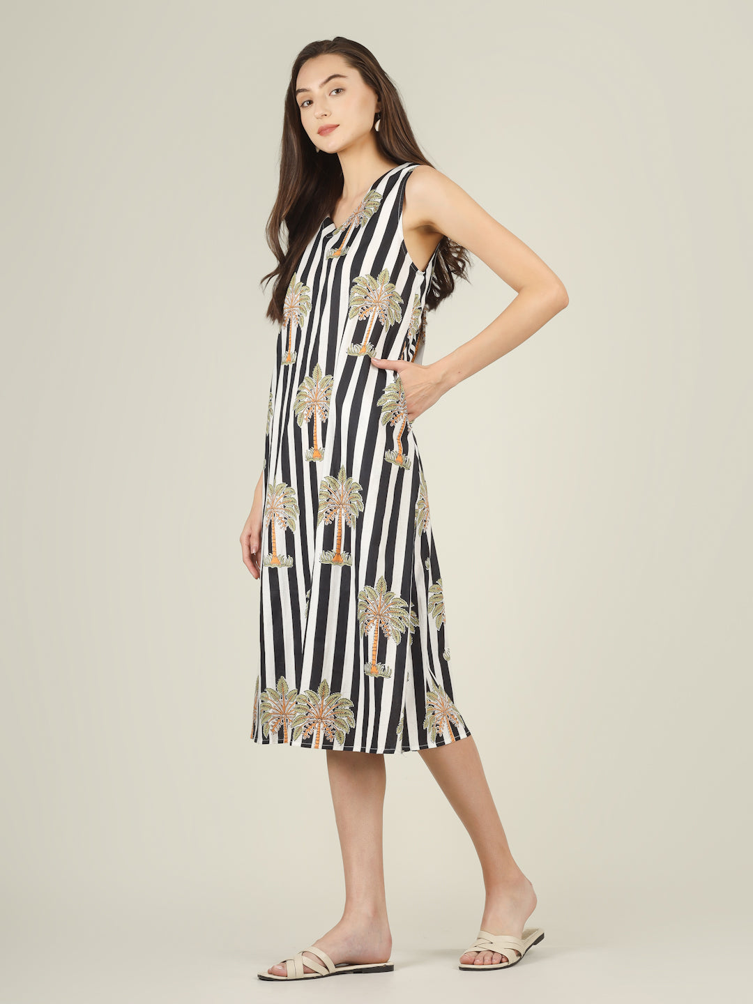 Black Striped V-Neck Sleeveless A-Line Cotton Dress