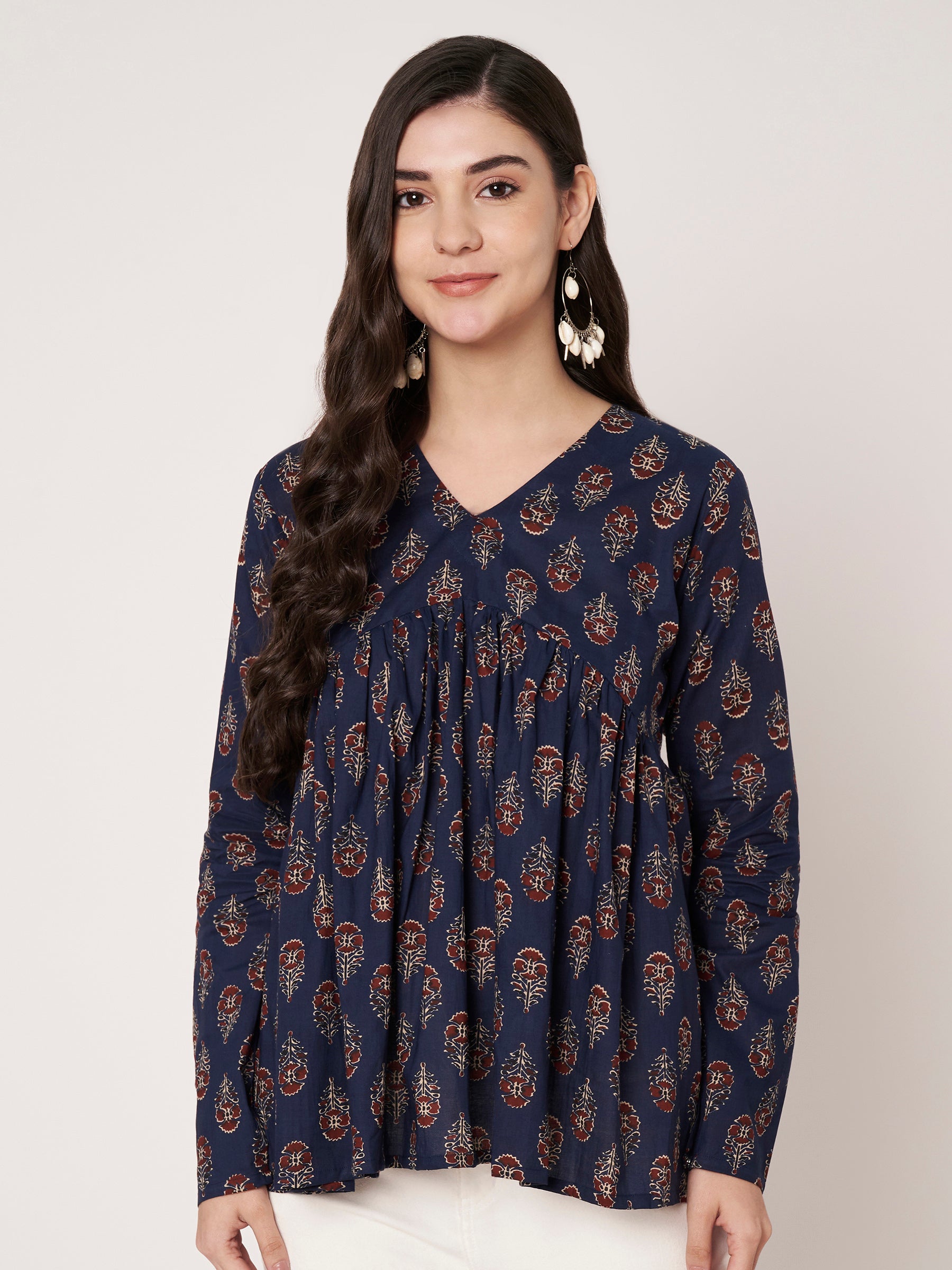 Navy Blue Printed Alia-Cut Cotton Top