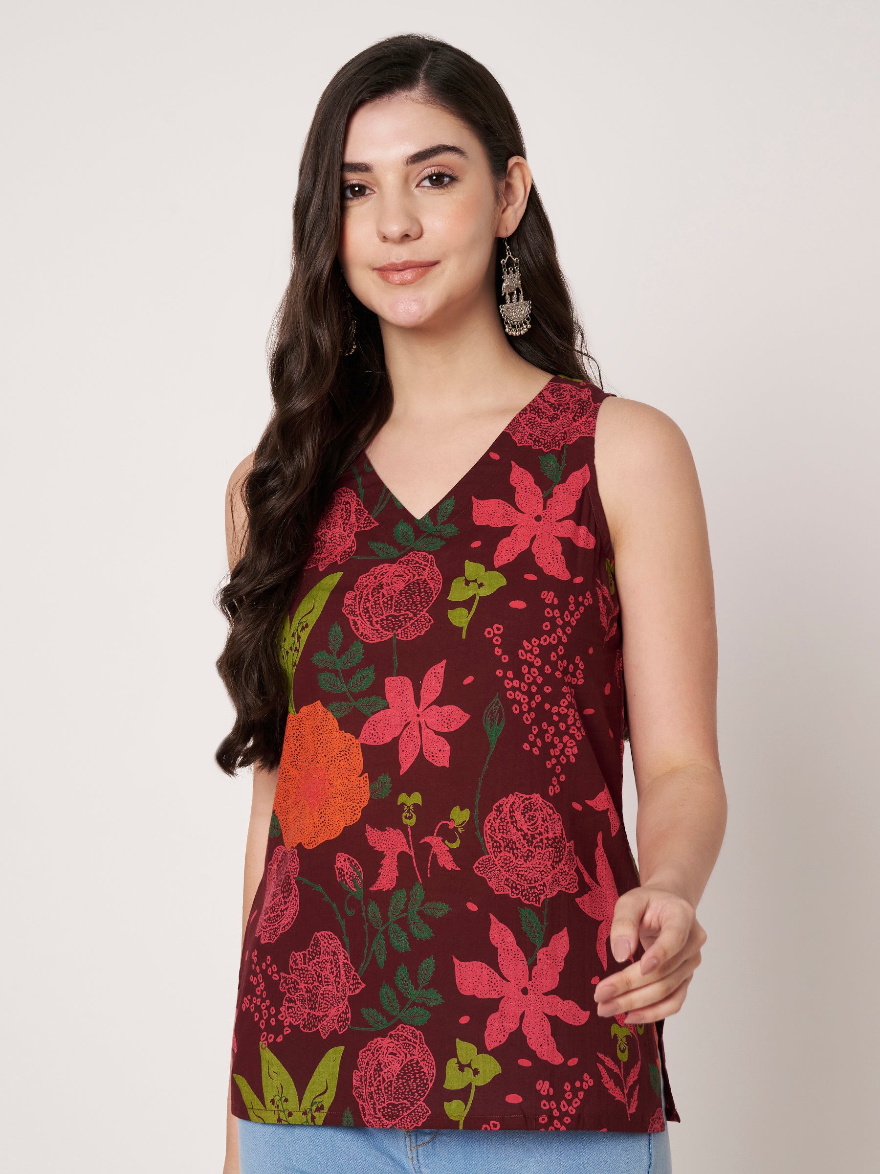 Wine Printed Sleeveless V-Neck Cotton Top