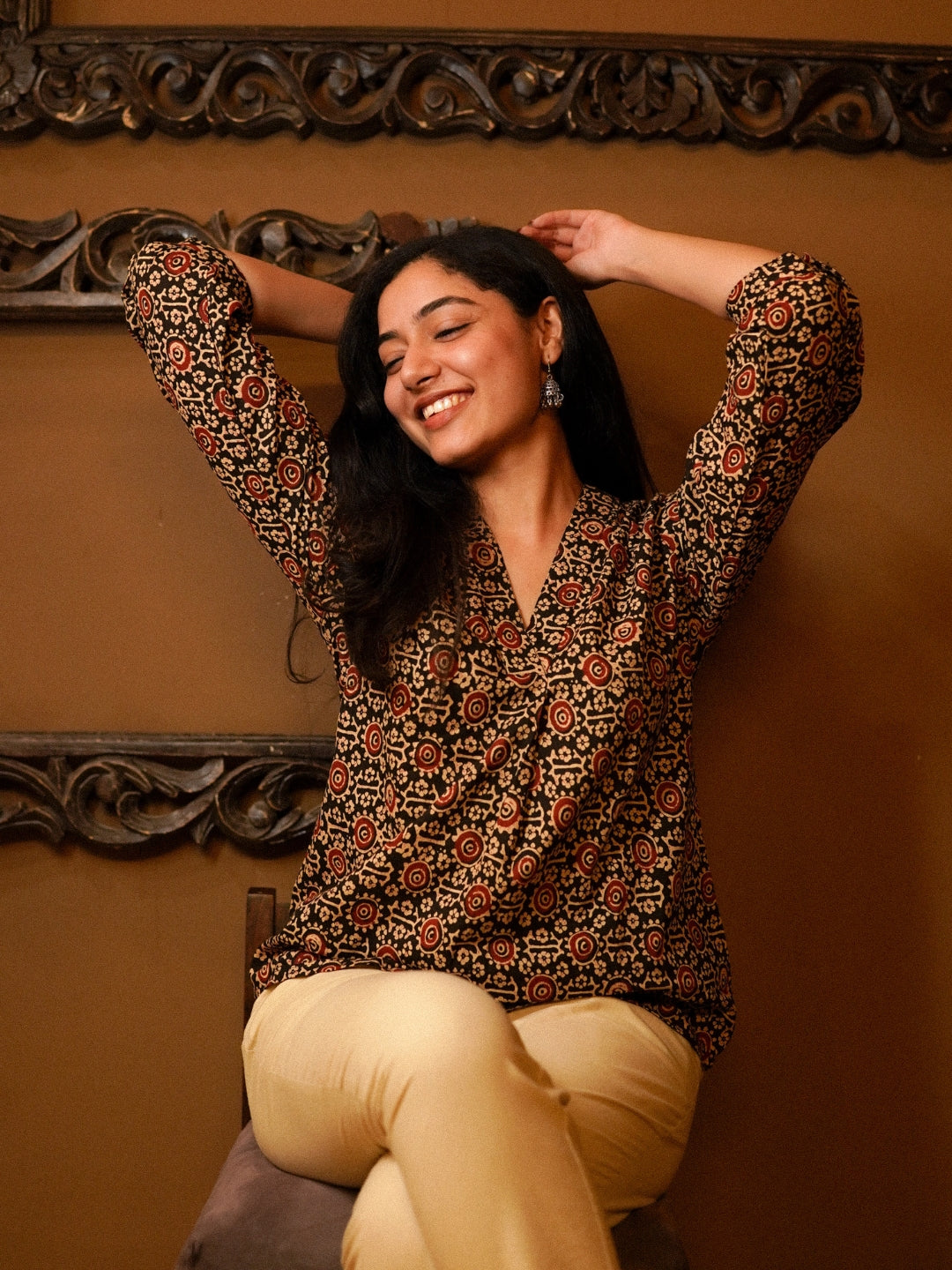 Black Printed V-Neck Cotton Top