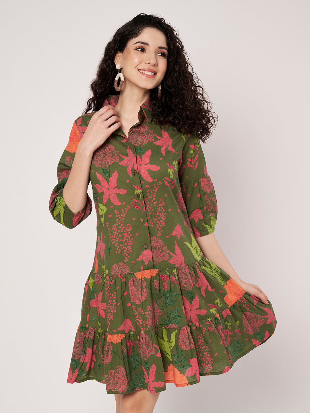 Green Printed Short Cotton Dress