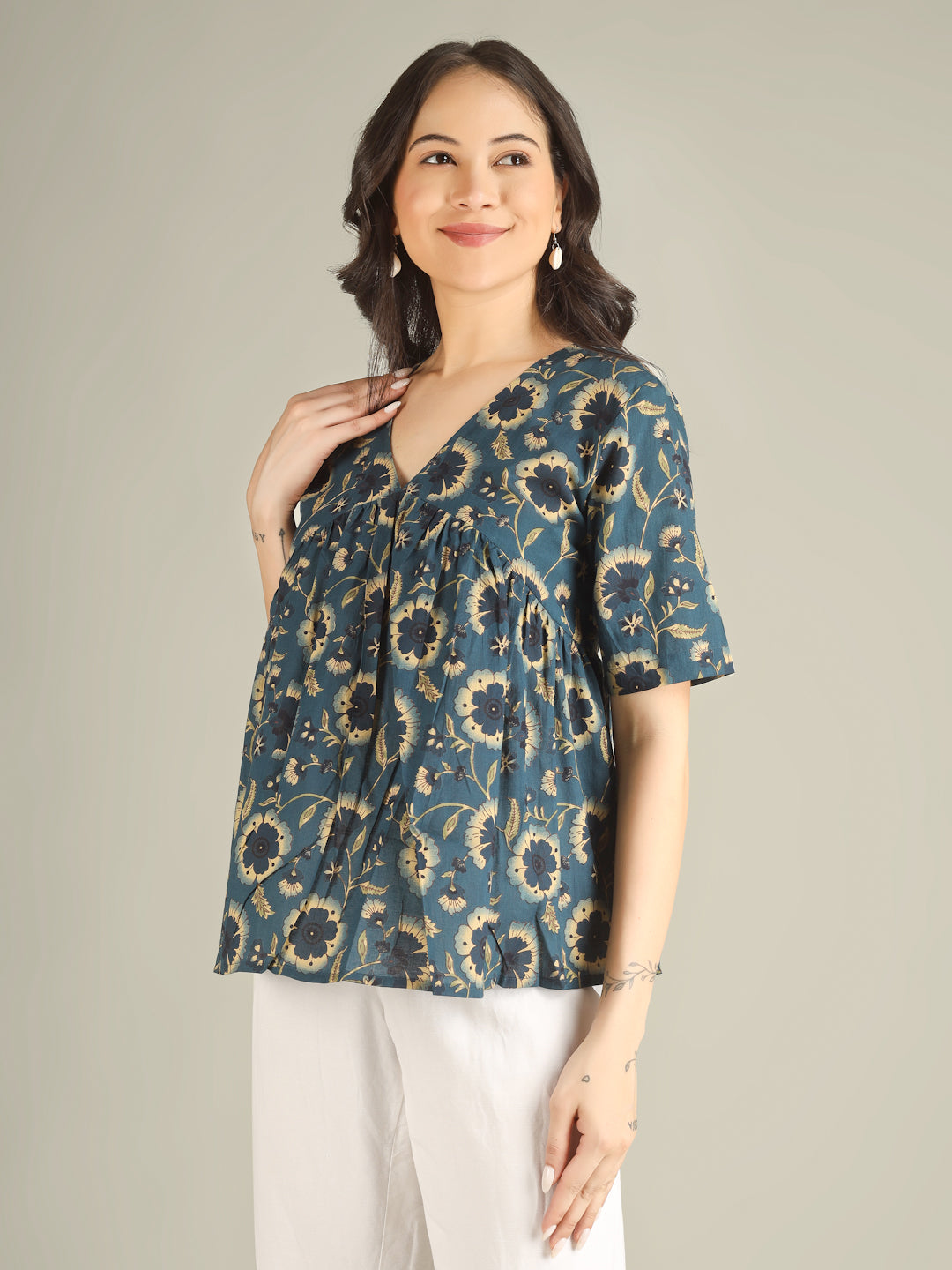 Teal Blue Printed Half-Sleeve Alia-Cut Cotton Top