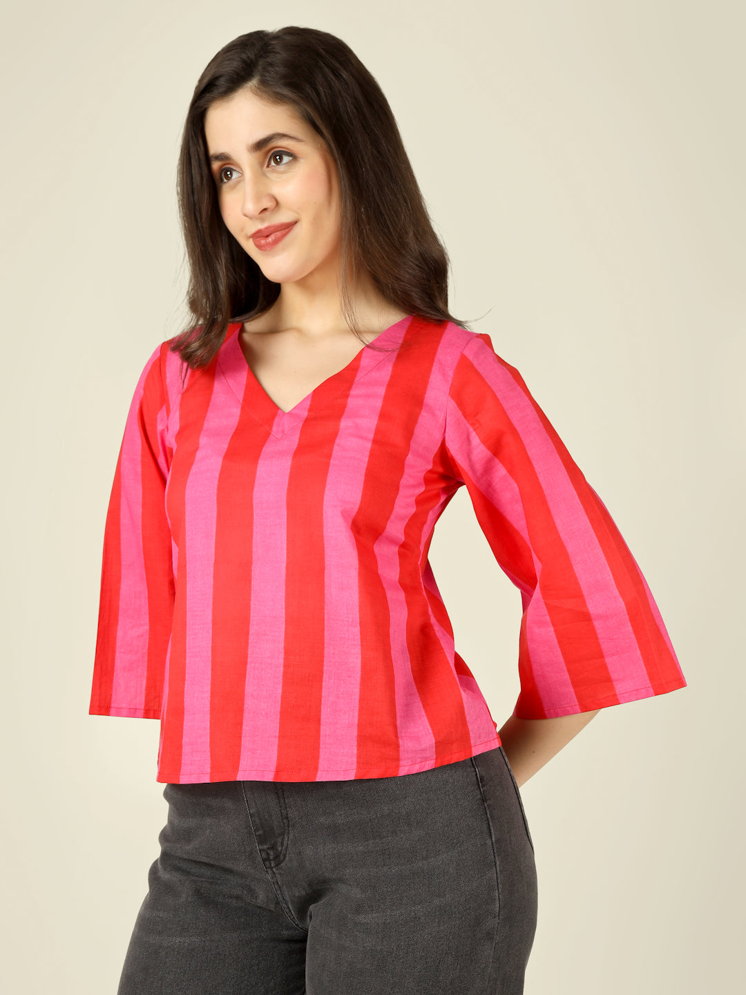 Pink and Red Striped Straight Bell-Sleeves Top