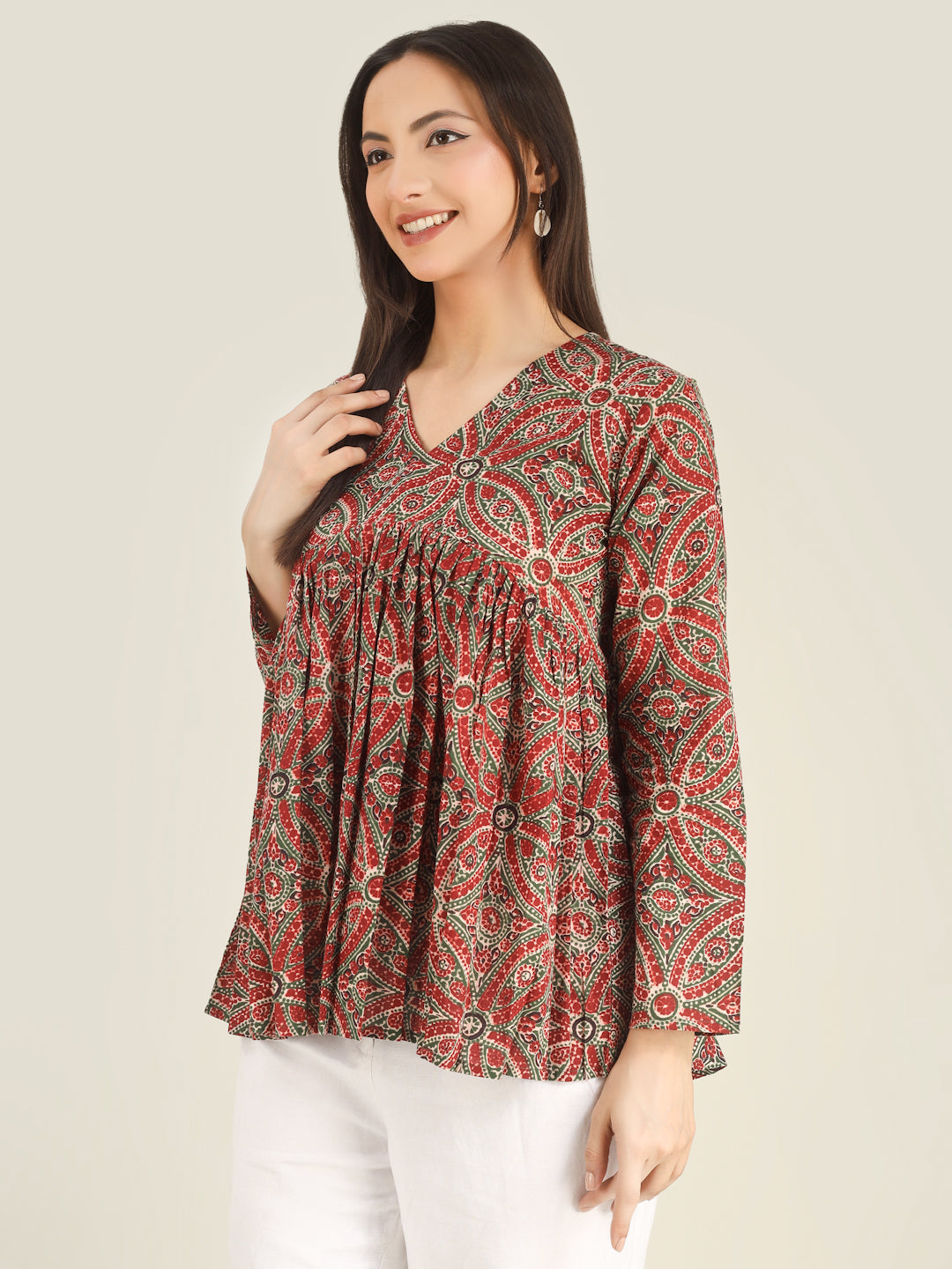 Maroon Printed Full-Sleeves Alia-Cut Cotton Top