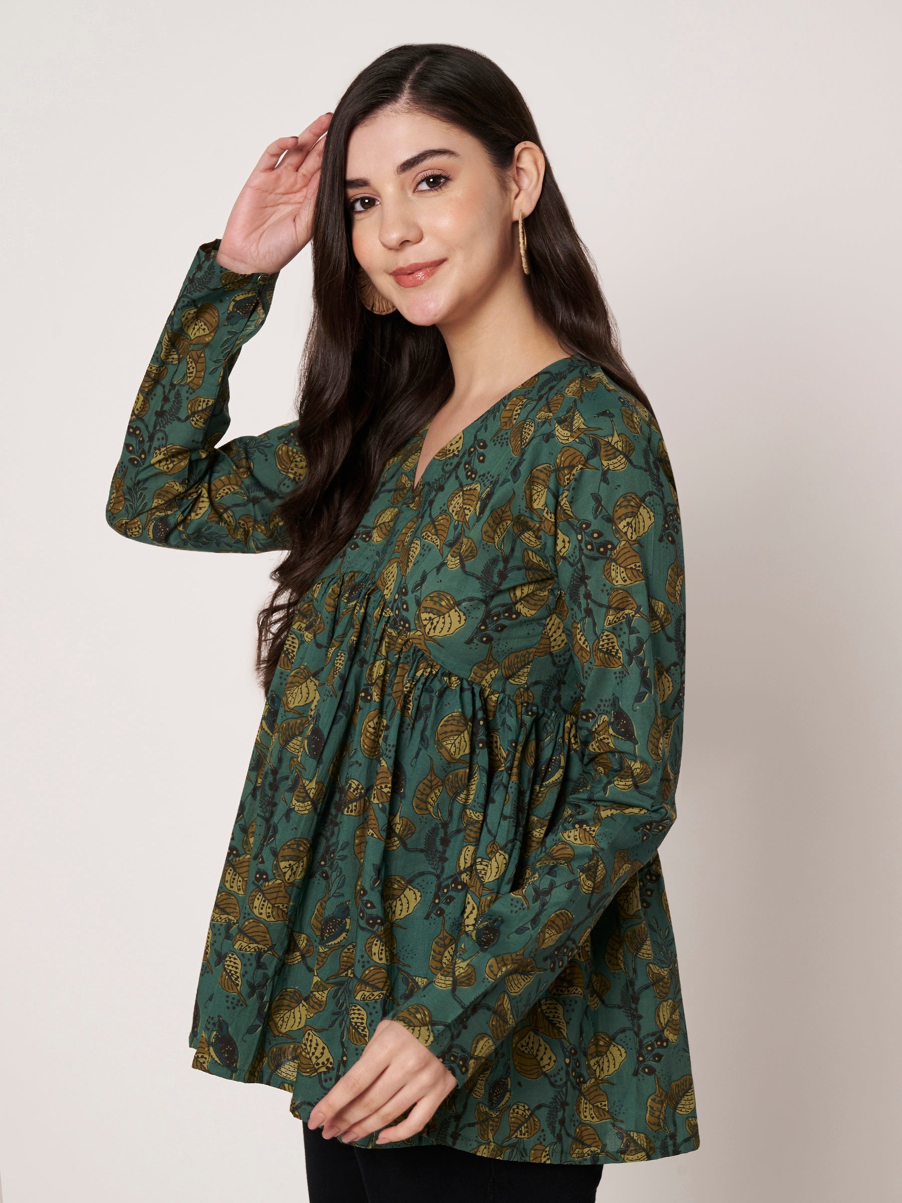 Green Printed Alia-Cut Cotton Top