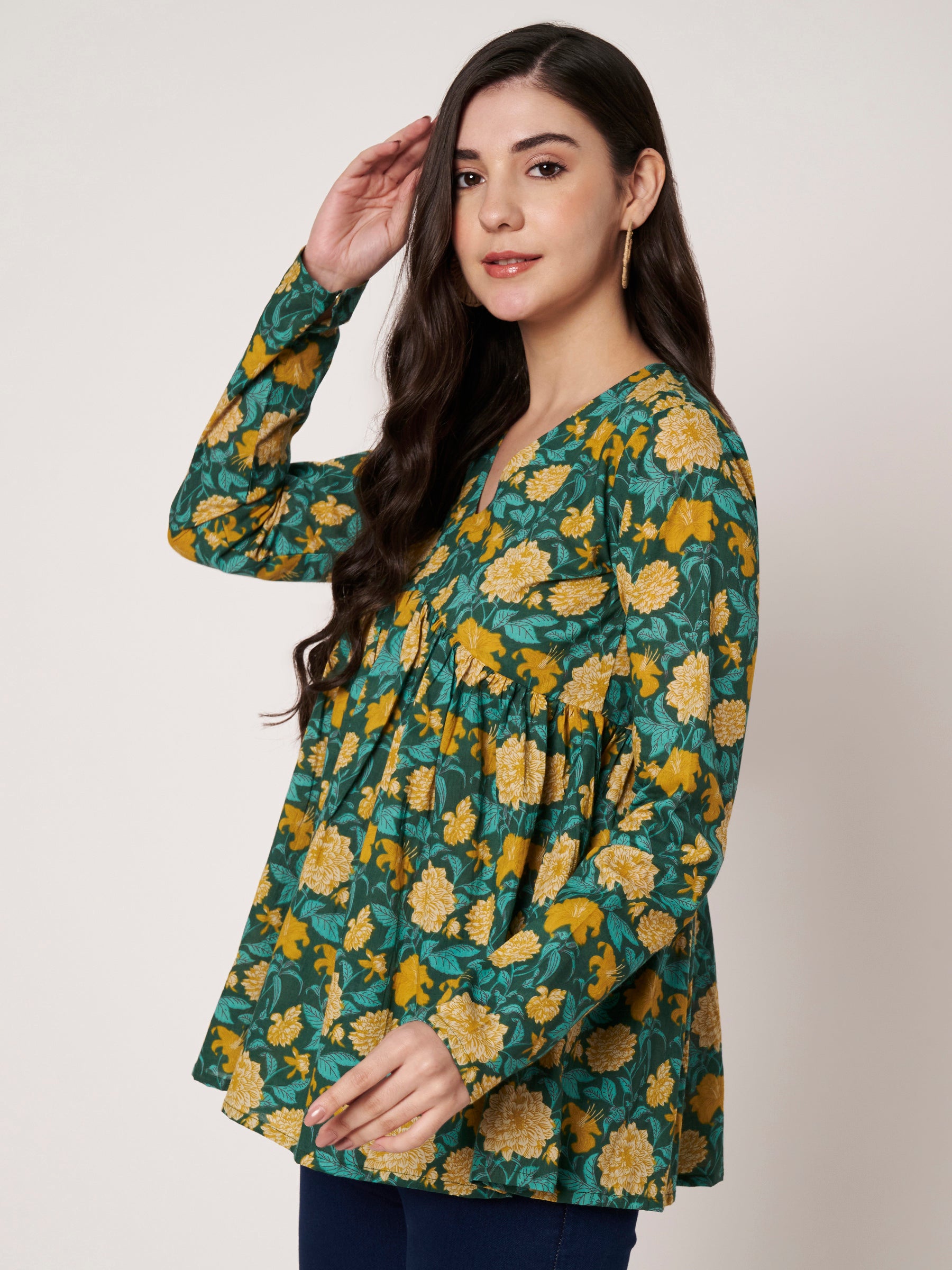 Green Printed Alia-Cut Cotton Top