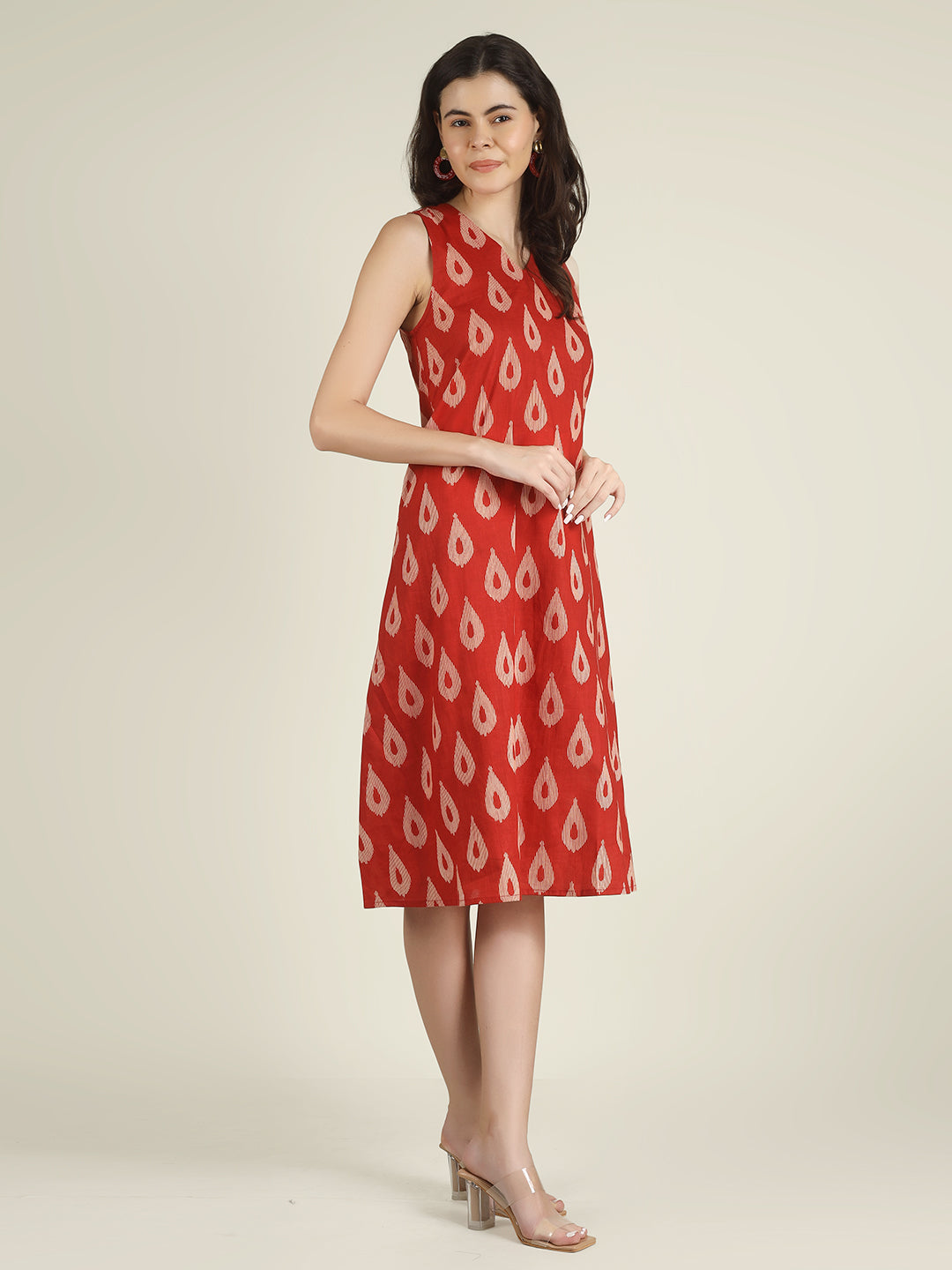 Red Printed Sleeveless V-Neck A-Line Cotton Dress