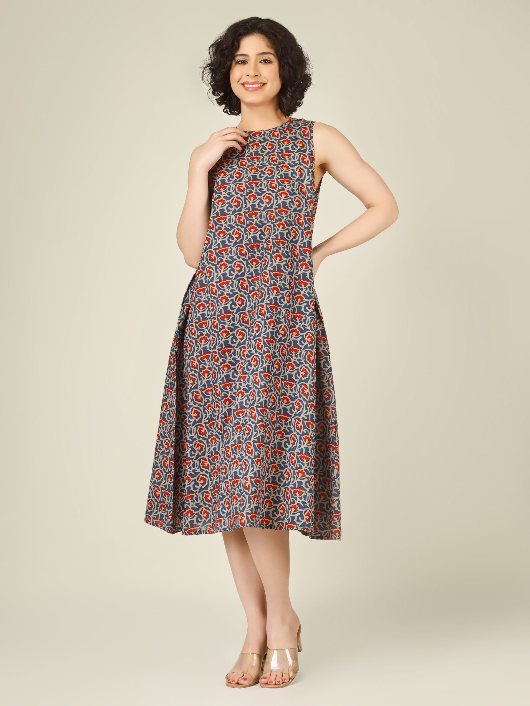 Blue Printed Sleeveless A-Line Cotton Dress