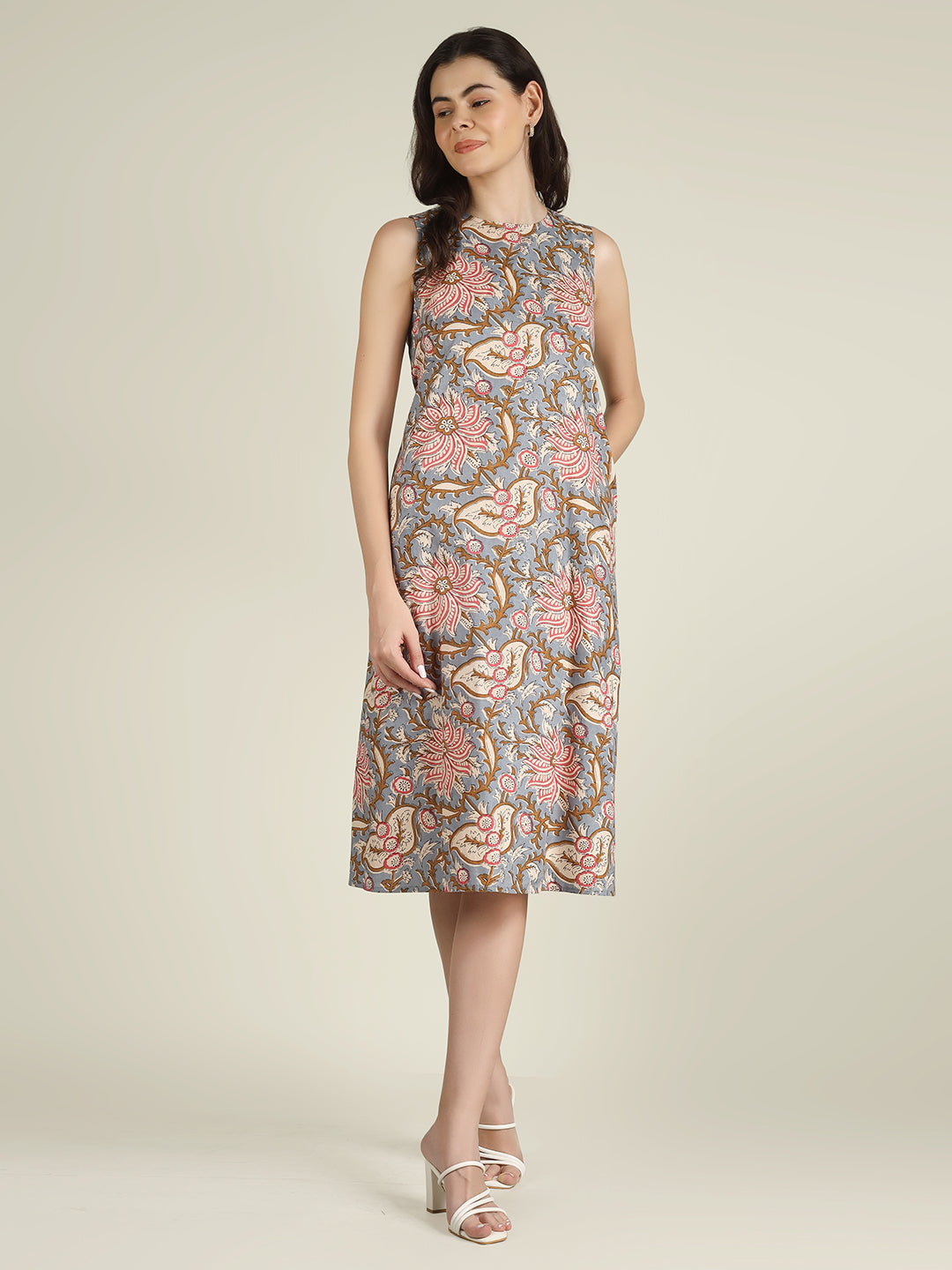 Grey Printed Sleeveless A-Line Cotton Dress