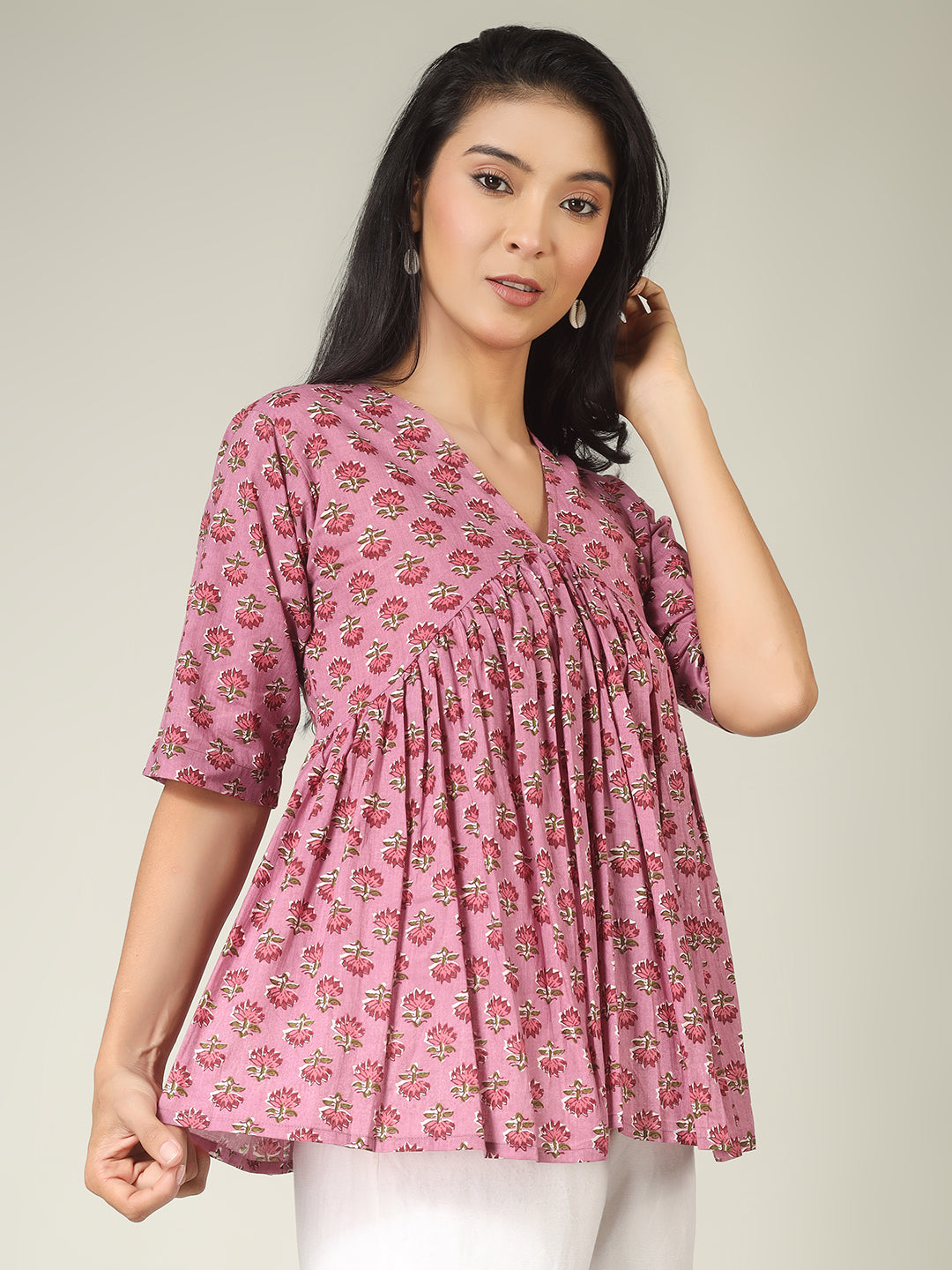Pink Printed Half-Sleeve Alia-Cut Cotton Peplum Top