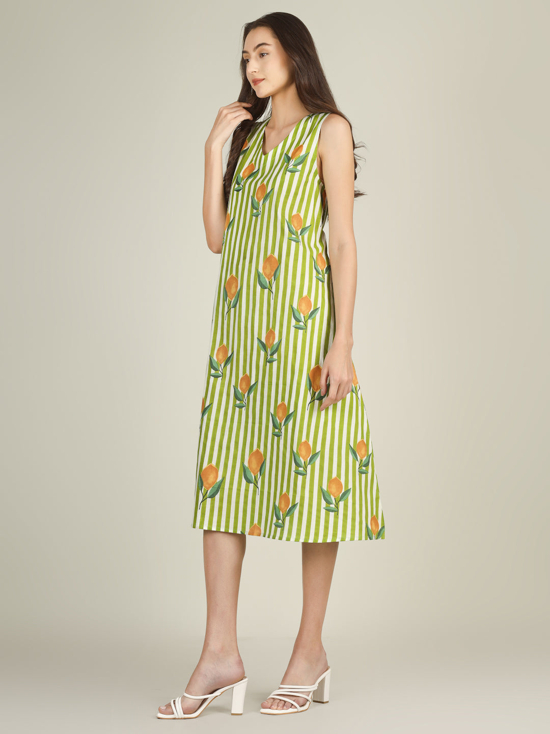 Green Striped V-Neck Sleeveless A-Line Cotton Dress