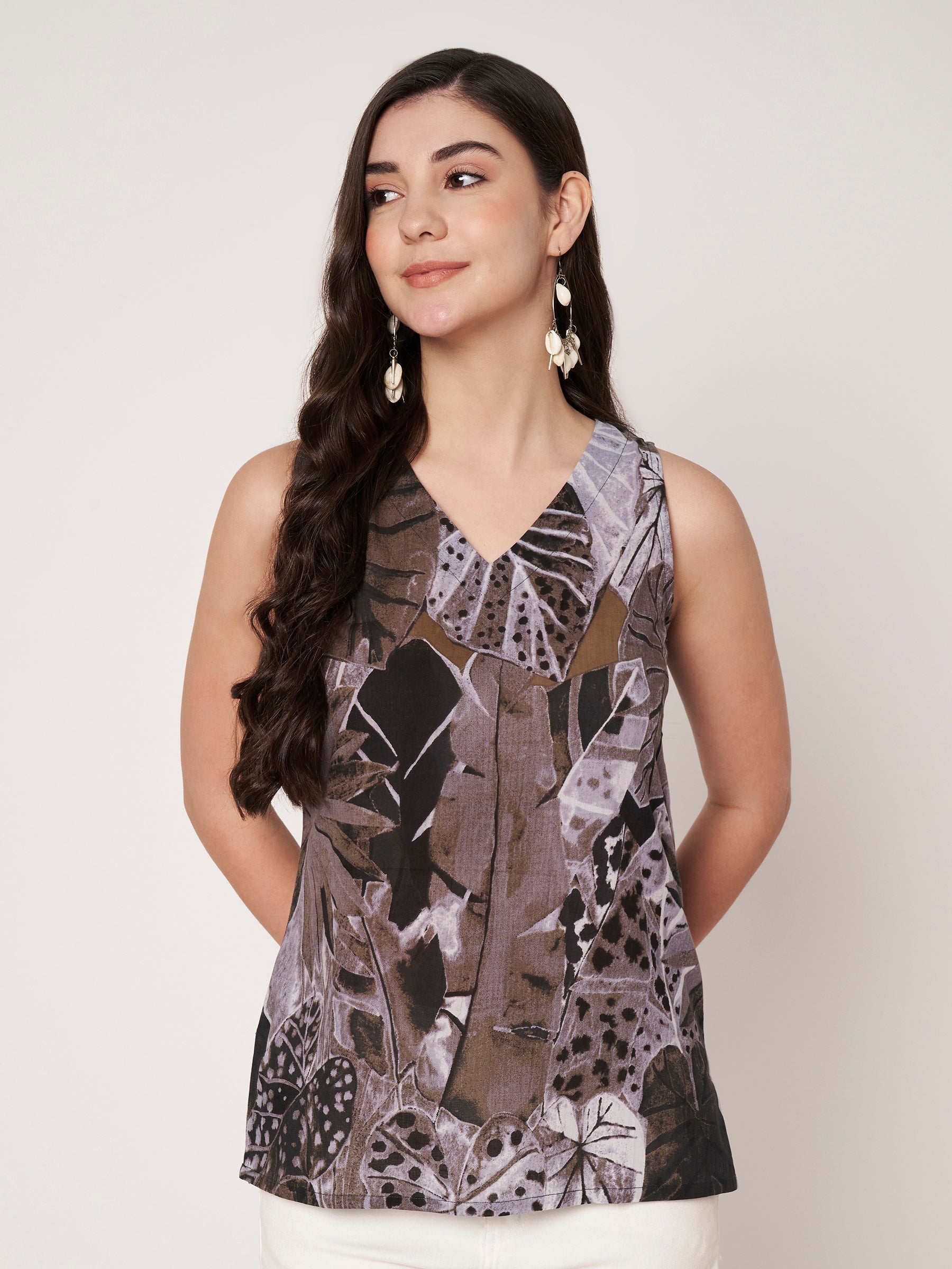 Grey Printed Sleeveless V-Neck Cotton Top