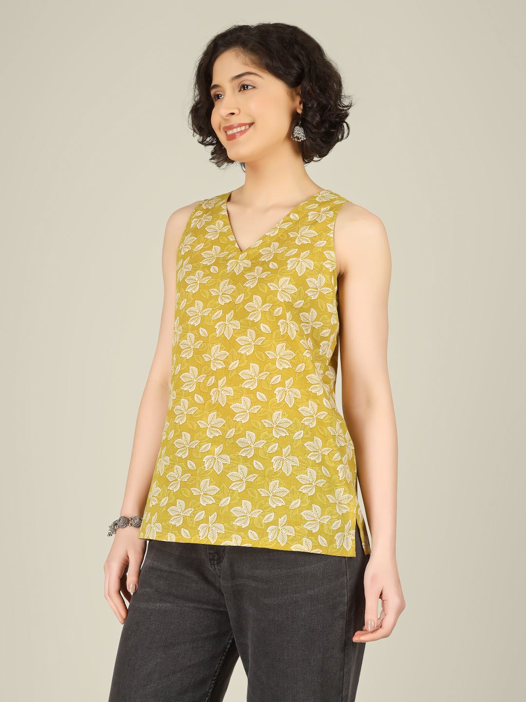 Yellow Printed Sleeveless V-Neck Cotton Top