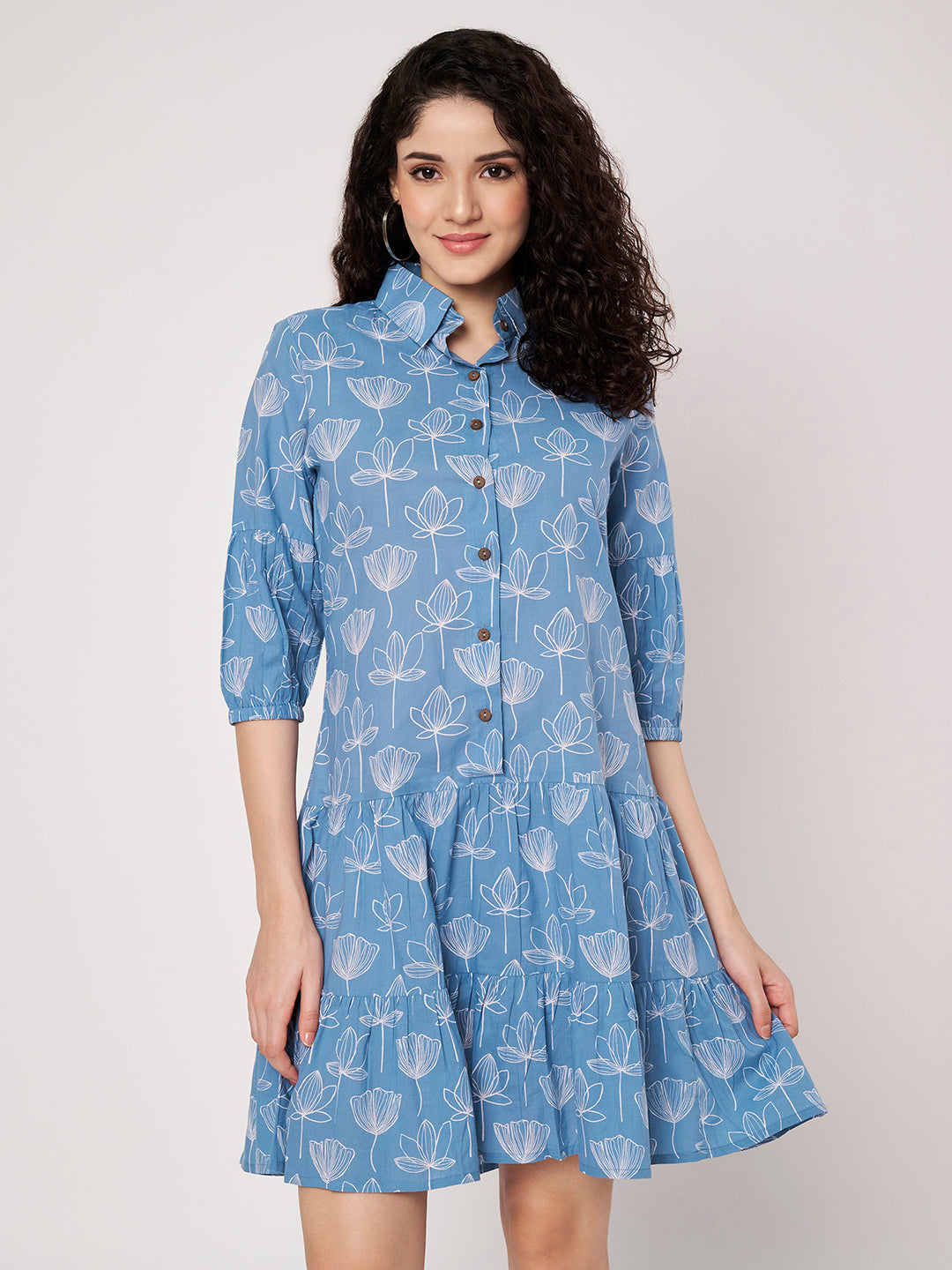 Sky Blue Printed Short Cotton Dress