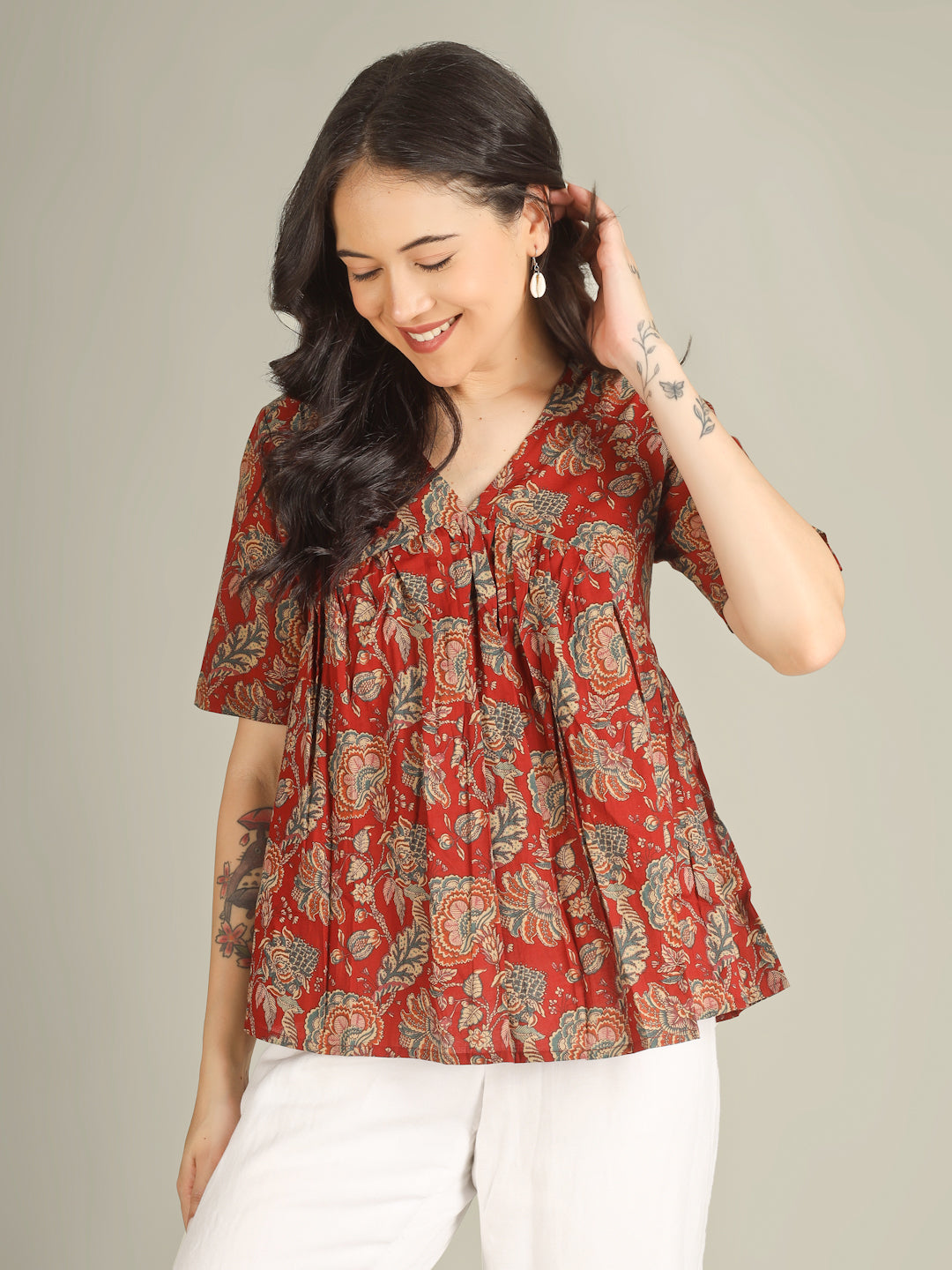 Maroon Printed Half-Sleeve Alia-Cut Cotton Top