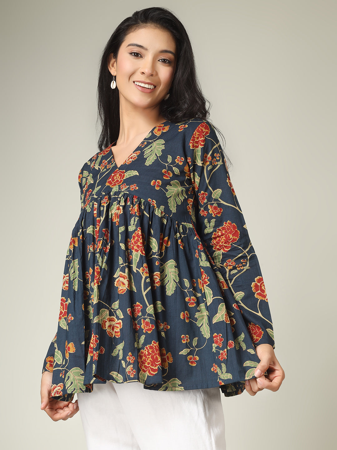 Navy Blue Printed Alia-Cut Cotton Peplum Top