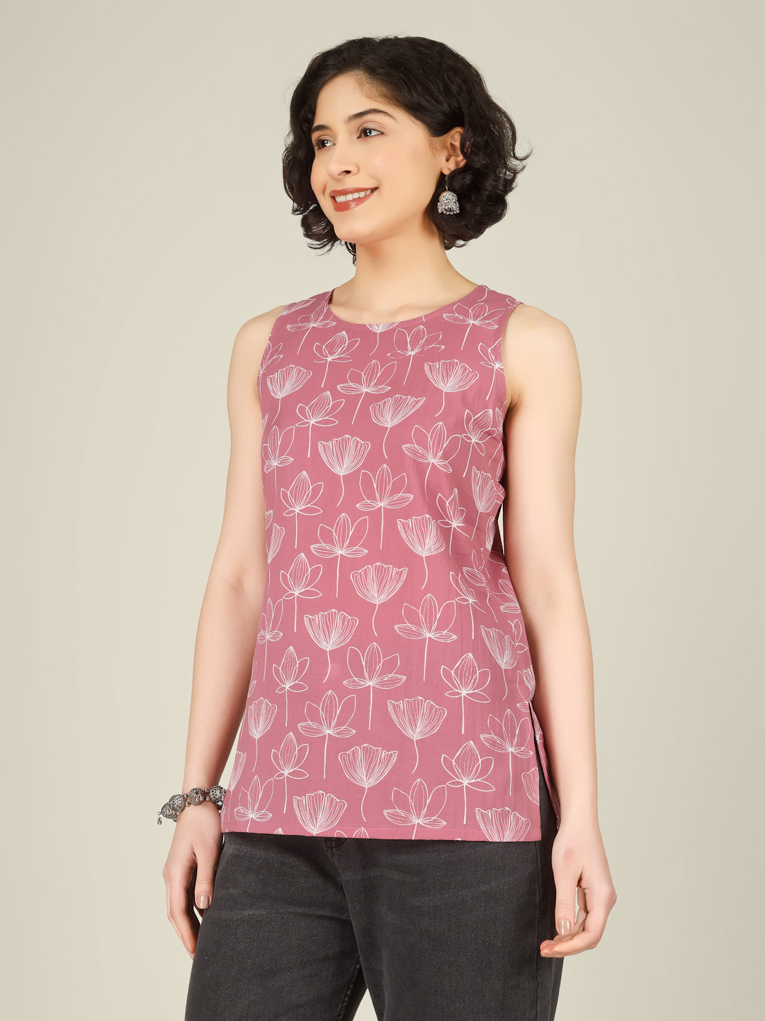 Pink Printed Round Neck Sleeveless Cotton Top
