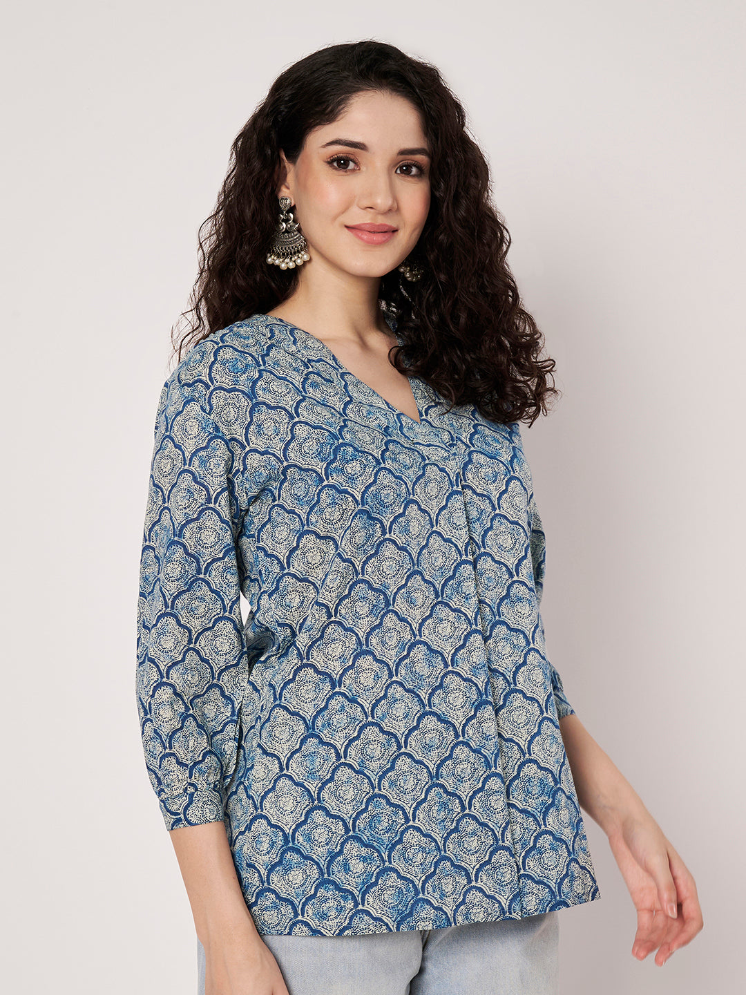 Light Blue Printed V-Neck Cotton Top