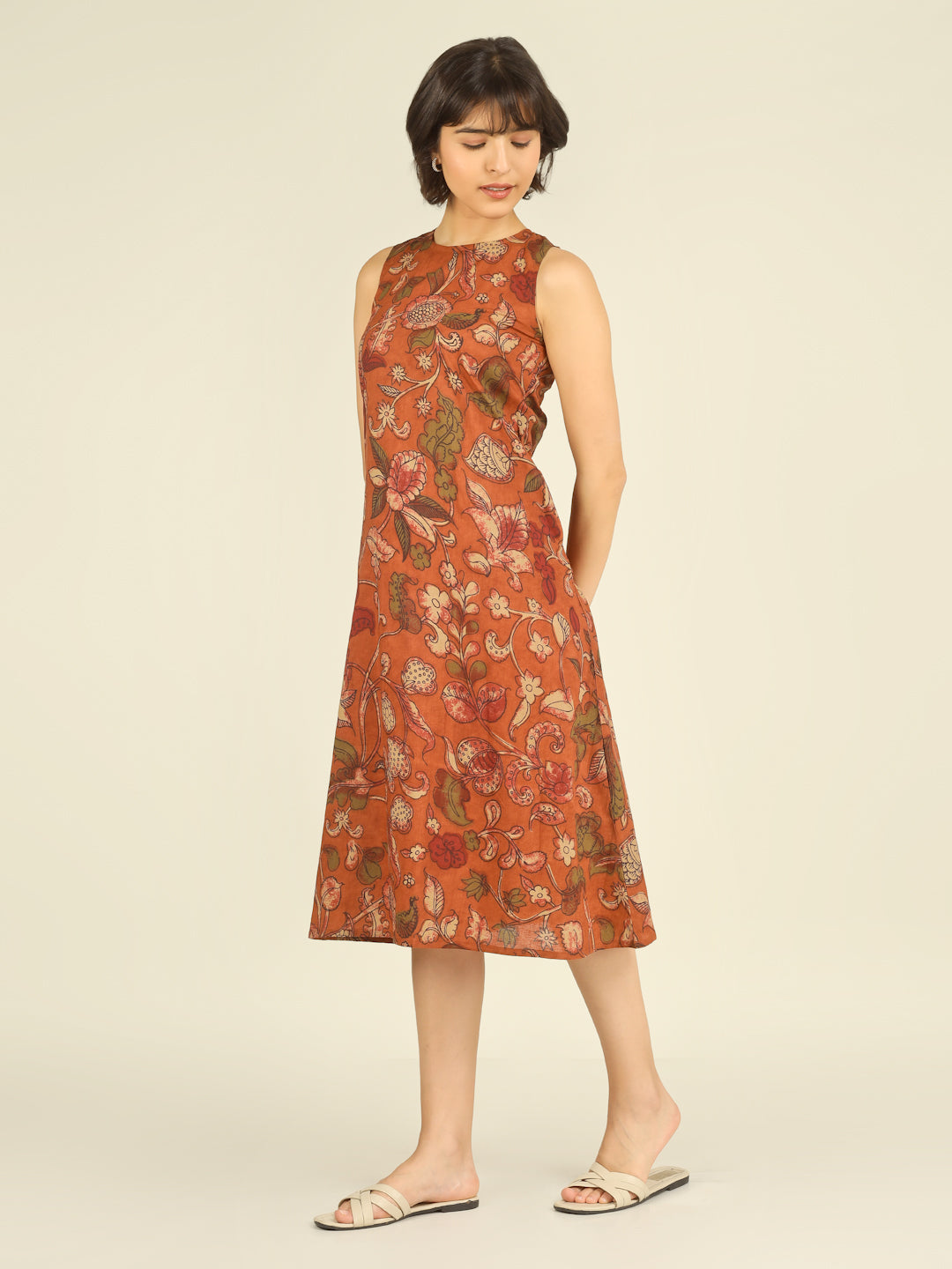 Orange Printed Sleeveless A-Line Cotton Dress