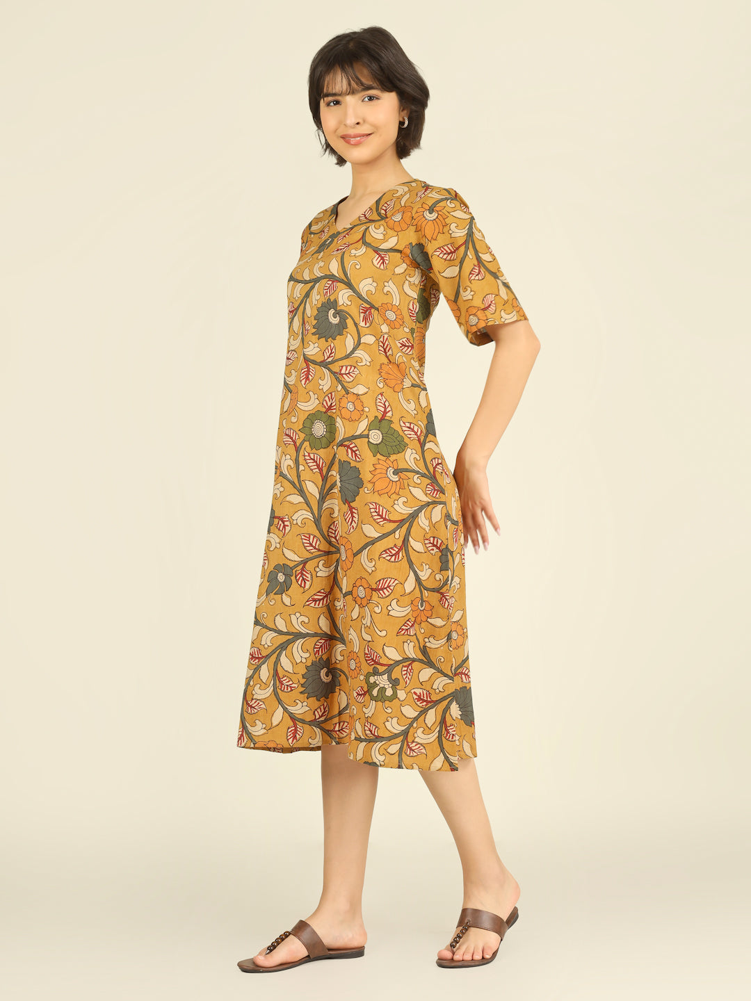 Mustard Printed Half-Sleeve A-Line Cotton Dress