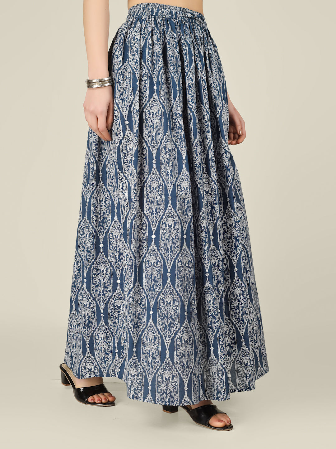 Blue Printed Cotton Maxi Skirt