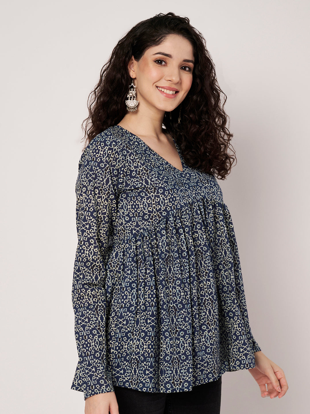 Dark Blue Printed Alia-Cut Cotton Top